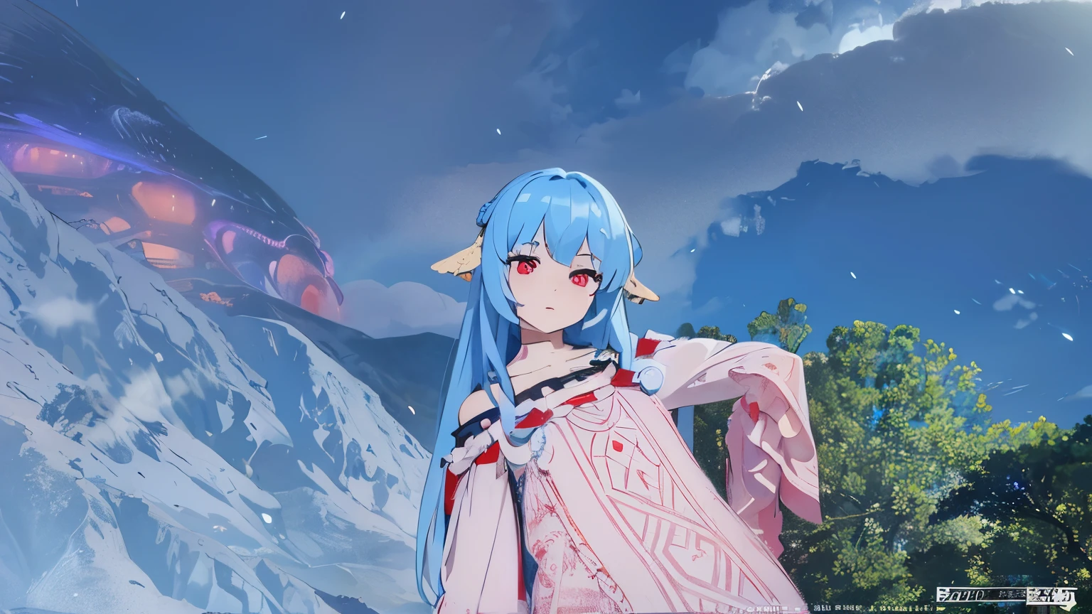 ((Very detailed)), (Perfectly detailed face), (Highly detailed hands),Zito-order、Red eyes、off shoulders、Bright blue hair、volcano visible in the distance