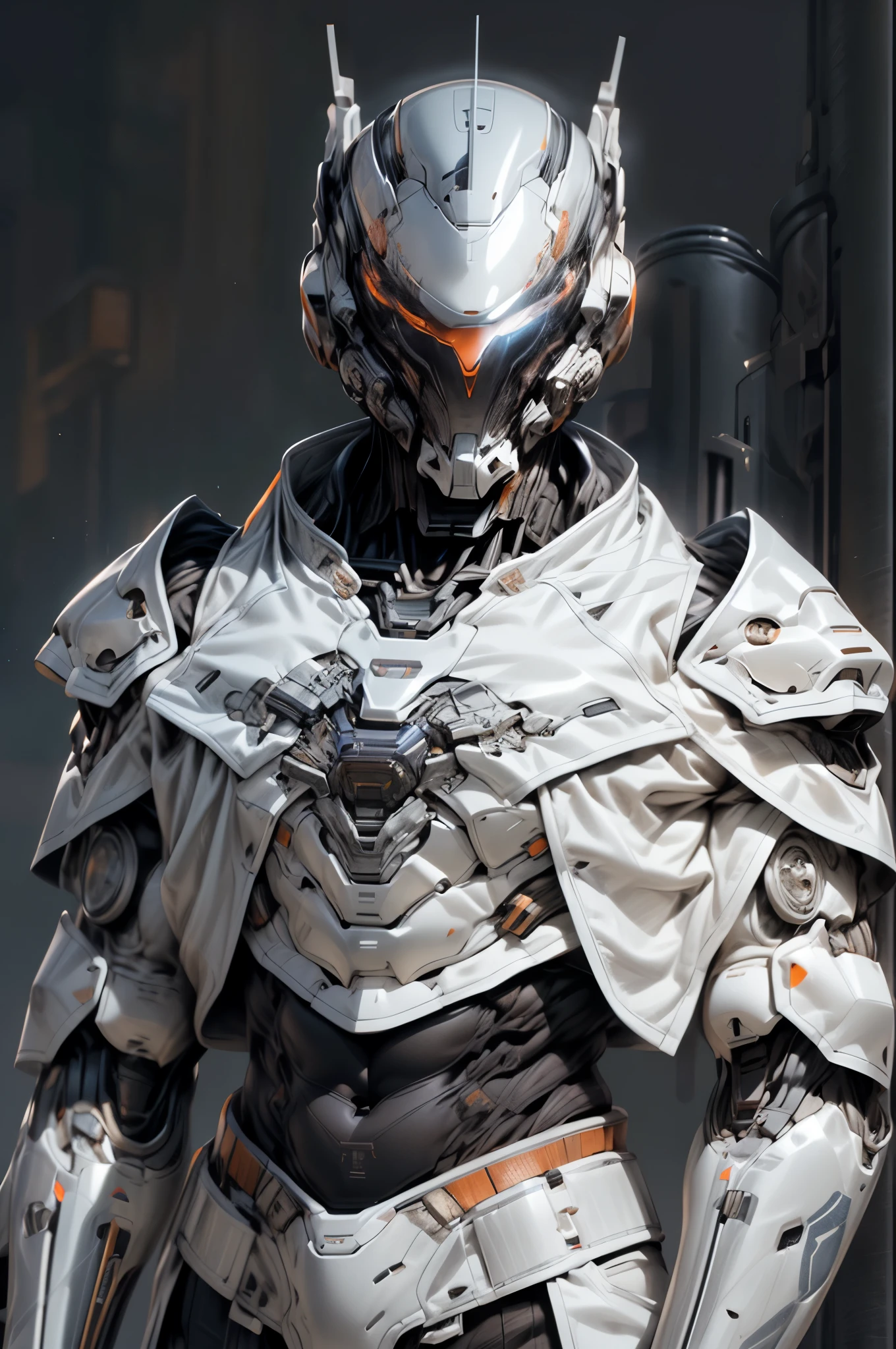 (((An epic and visually stunning digital anime masterpiece featuring a sylphlike masculine ((male:1.5)) decorated military dieselpunk cyborg soldier clad in a sleek yet tactical armored yet decorated leather military trench coat:1.2))), (((flat masculine male chest:1.5, mechanical full head helmet, mecha helmet with a narrow polarized orange visor:1.5))), (((the character adorned in a (scifi tactical armored open front trench coat with a built in exoskeleton) (over a form fitted armor plated yet super sleek and revealing under suit with waist cut outs), the armor plating on the upper arms and shoulders beautifully engraved))):1.4. The image showcases the intricacies of the character’s armor and clothing:1.5, ((capturing their flamboyant essence and heavy mecha aesthetic:1.2)). The character also possesses an androgynous charm, (((with slim yet heavily muscled physique:1.2, sylphlike with a sleek waist, toned yet beautifully sleek cybernetic arms:1.3, mechanical arms and legs:1.3, mecha muscles:1.3))), looking at viewer, (((brass metal armor and brown leather, dieselpunk:1.3))), (((depth of field, cinematic lighting, chromatic aberration, ray tracing, UHD, masterpiece, top of head covered, super detail, high details, high quality, award winning, 8k, highres, halo)))