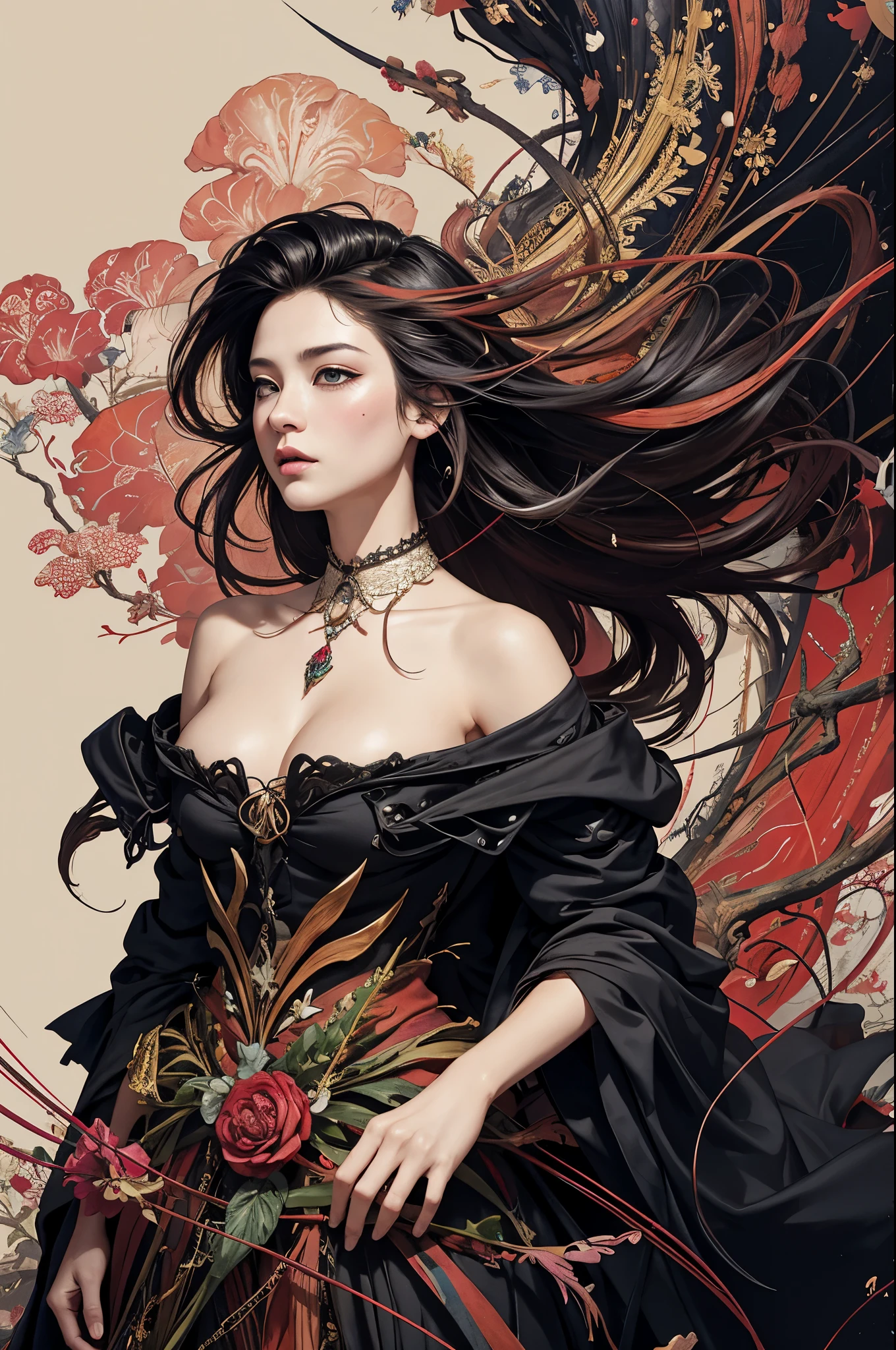 offcial art，8k wallpaper，ultra - detailed，Beauty and aesthetics，tmasterpiece，Best quality at best，（tangled，datura，Tangles，entangled），（s fractal art：1.3），1 sister，The content is very detailed，dynamic angle，cow boy shooting，Chaos in its most beautiful form，Elegant，Fauvistdesign，Vibrant colors，𝓡𝓸𝓶𝓪𝓷𝓽𝓲𝓬，JamesJean，roby dwi antono，ross tran，French bacon，Michael Mraz，Adrian Genius，petra cortright，Gerhard Richter，Takato Yamamoto，Ashley Wood，Atmospheric，A note of ecstasy，streaming musical notes visible