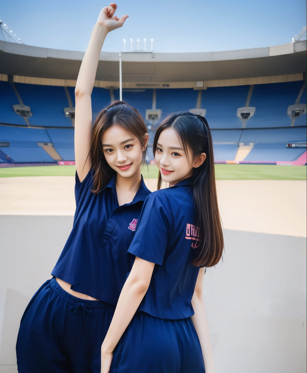 (bestquality,10,10,highres,masterpiece:1.2),ultra-detail,(Realistic,ภาพRealistic,photo-realistic:1.37),1 Cute girl in the football field,oily shiny skin,bara,light smile,BDclothelue shirt:1.3)),short sleeves,shirt, trousers.,(navy_long_ติดตามtrousers:1.1), ((Stadium Background:1.3)),dynamic angle,excited,face focus,Dynamic Poses,from behide,Ass Focus,masterpiece, bestquality, ultra realistic, hyper-detail, 8k resolution, RAW photo, crisp focus, ((Navy blue shirt:1.1)), short sleeves, เส้นทางlong, Complete bodyแบบ, 2 mature women, 18yo, cinematic light,trousersวอร์มสีน้ําเงิน,Gymware,Correct anatomy,Complete body, Correct body, sharp face, Correct bodyทางกายวิภาค, full entire body, Realistic gestures, long-haired, Realistic poses,Wear long shorts..............................,ช่วงขาlong,Shapely,Sculpting Girl, Slender Figure, mannequin mannequins, Shapely, Beautiful body,trousersวอร์มสีน้ําเงิน, Two girls kissing
