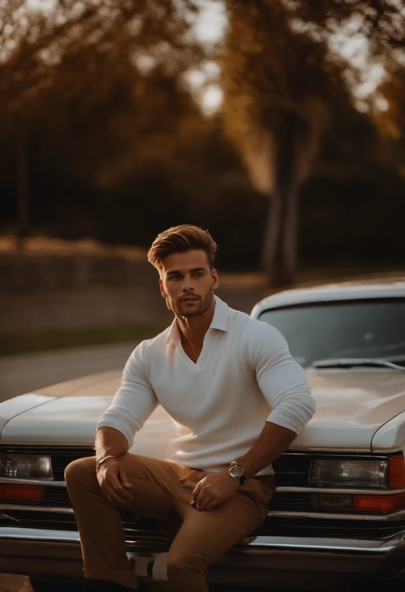 describe an attractive man sitting on the hood of a car wearing a sweater vest with white dress shirt underneath and khakis with brown polo shoes facing the camera 8k, cinematic illumination
