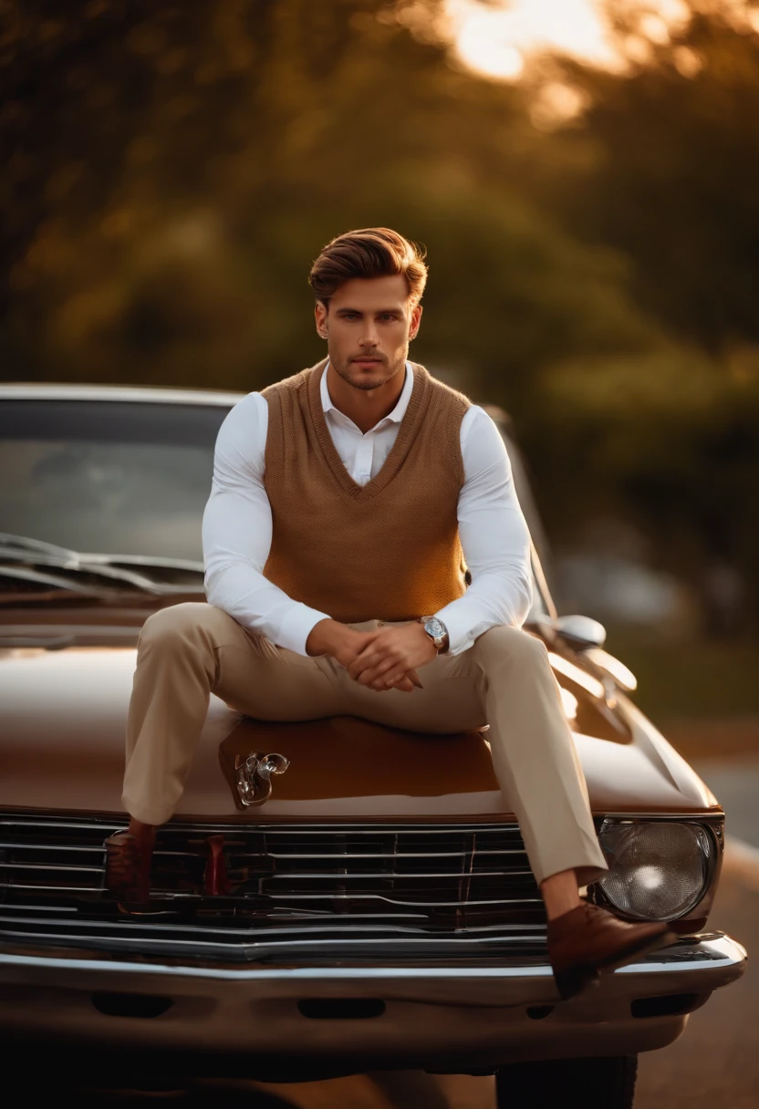 describe an attractive man sitting on the hood of a car wearing a sweater vest with white dress shirt underneath and khakis with brown polo shoes facing the camera 8k, cinematic illumination