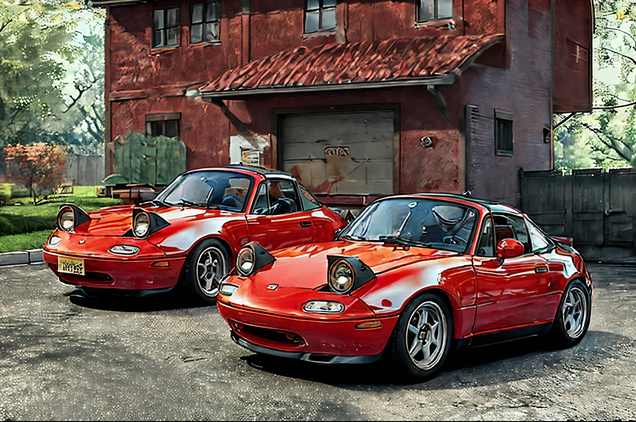 The Allafard RED Porsche 964 is parked in front of the garage, Highly detailed hyperreal retro, Porsche 964, Porsche 964,, Ultra-detailed 3D rendering, Ultra-detailed 3D rendering, Porsche 964, 3D Ultra-Realistic Rendering, veranda, hyper realistic rendering, hyper realistic 3 d render, hyper real render，Mender，tailed，Porsche 964，
