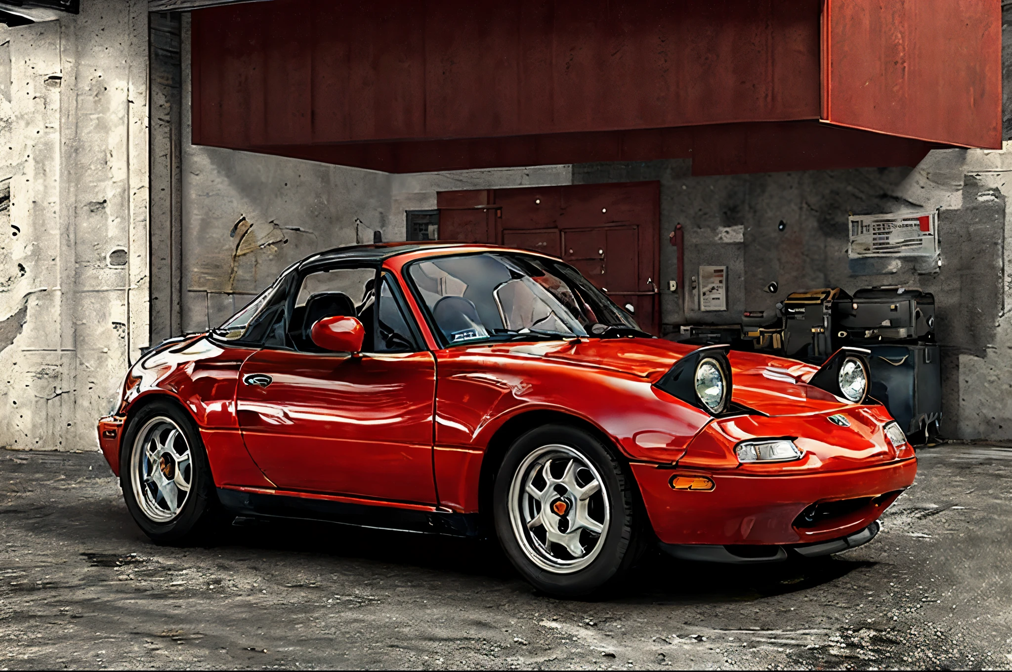 The Allafard RED Porsche 964 is parked in front of the garage, Highly detailed hyperreal retro, Porsche 964, Porsche 964,, Ultra-detailed 3D rendering, Ultra-detailed 3D rendering, Porsche 964, 3D Ultra-Realistic Rendering, veranda, hyper realistic rendering, hyper realistic 3 d render, hyper real render，Mender，tailed，Porsche 964，