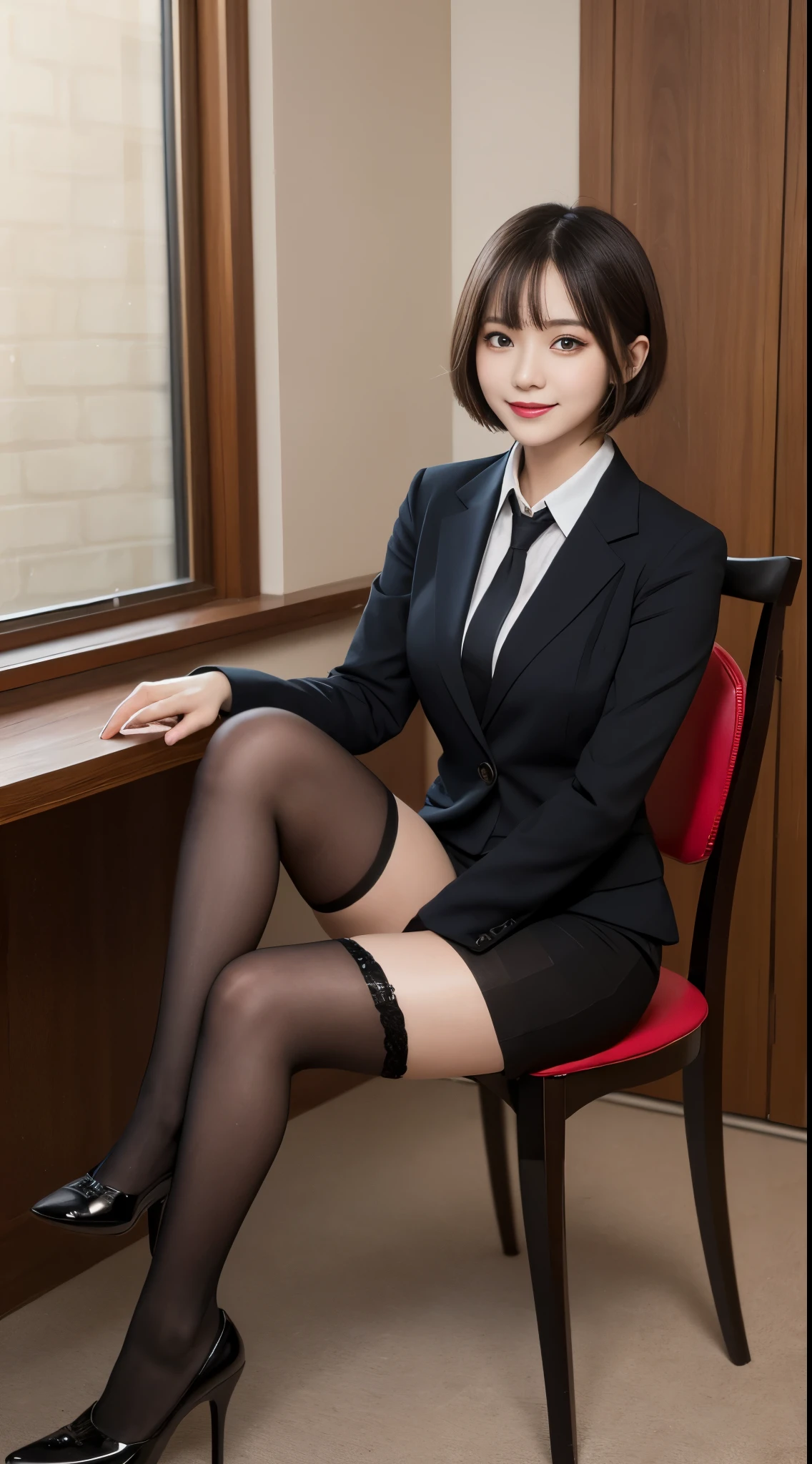 masutepiece, Best Quality, Illustration, Ultra-detailed, finely detail, hight resolution, 8K Wallpaper, Perfect dynamic composition, Beautiful detailed eyes, Business suits,Mini skirt,short cut hair,Natural Color Lip, Sit on a chair and cross your legs,Smile、25 year old girl,red eye shadow,Wearing black tights stockings,