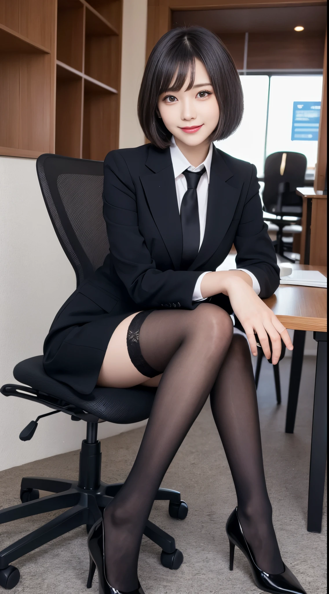 masutepiece, Best Quality, Illustration, Ultra-detailed, finely detail, hight resolution, 8K Wallpaper, Perfect dynamic composition, Beautiful detailed eyes, Business suits,Mini skirt，short cut hair，Natural Color Lip, Sit on a chair and cross your legs,Smile、25 year old girl，red eye shadow，Wearing black tights stockings，