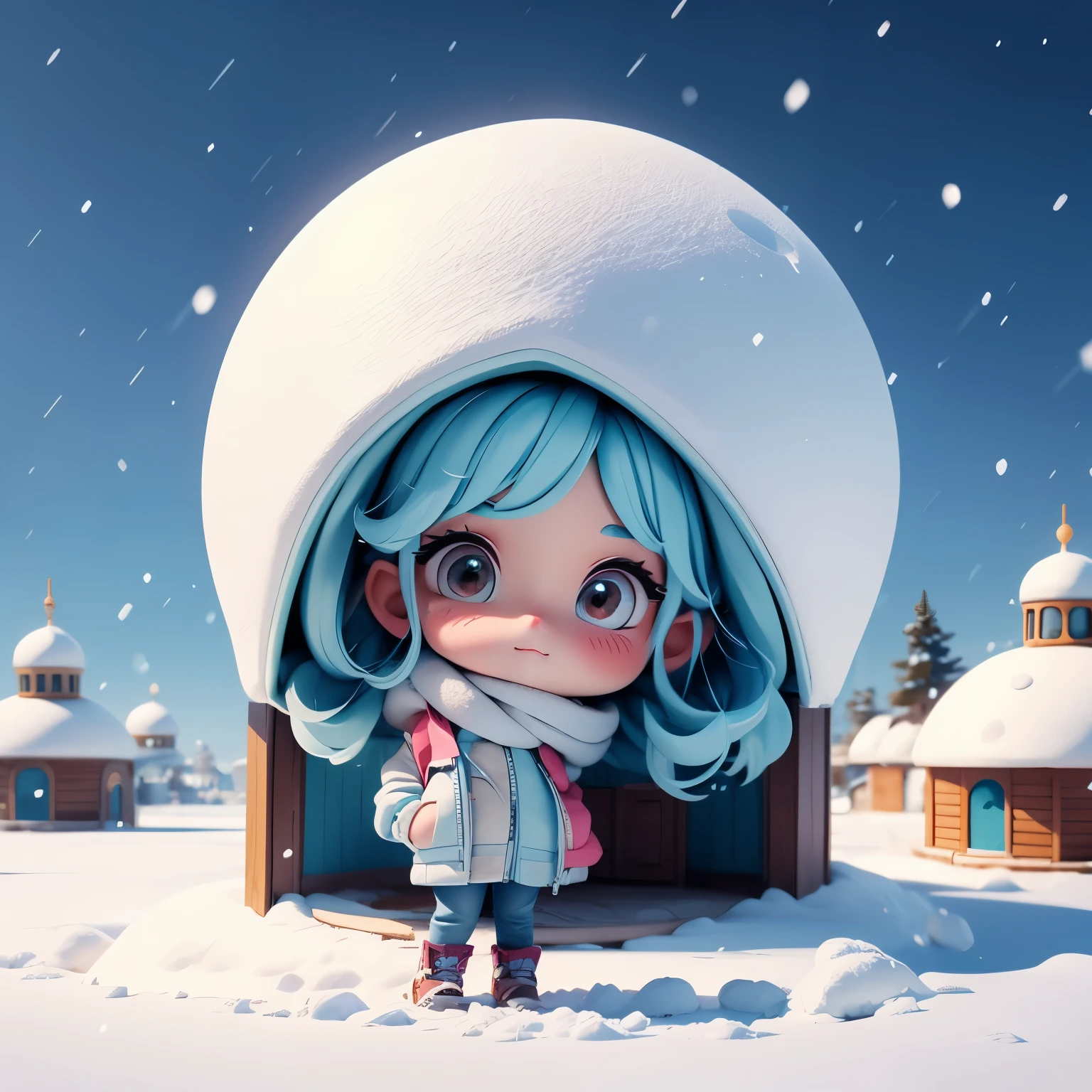 Girl posing in front of a snowy dome house