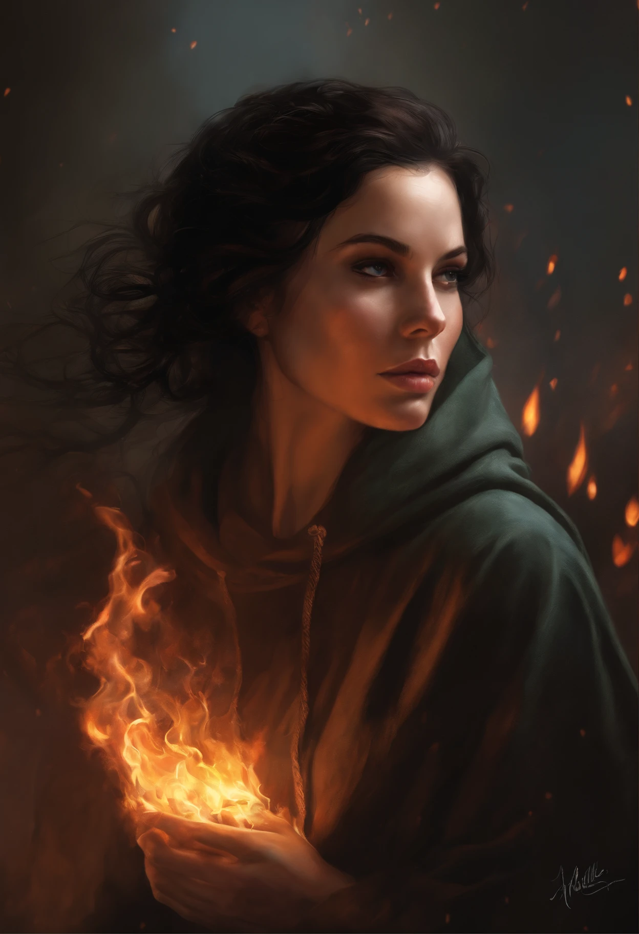 Photo of a woman with black hair and a hoodie., engulfed in flames, fire, scratch on face, beautiful character painting, black haired goddess, graphic artist magali villeneuve, alena aenami and artgerm, fantasy concept art portrait, female redhead templar, Artgerm Craig Mullins, charlie bowater character art, magali villeneuve', charlie bowater rich deep colors, gorgeous digital painting