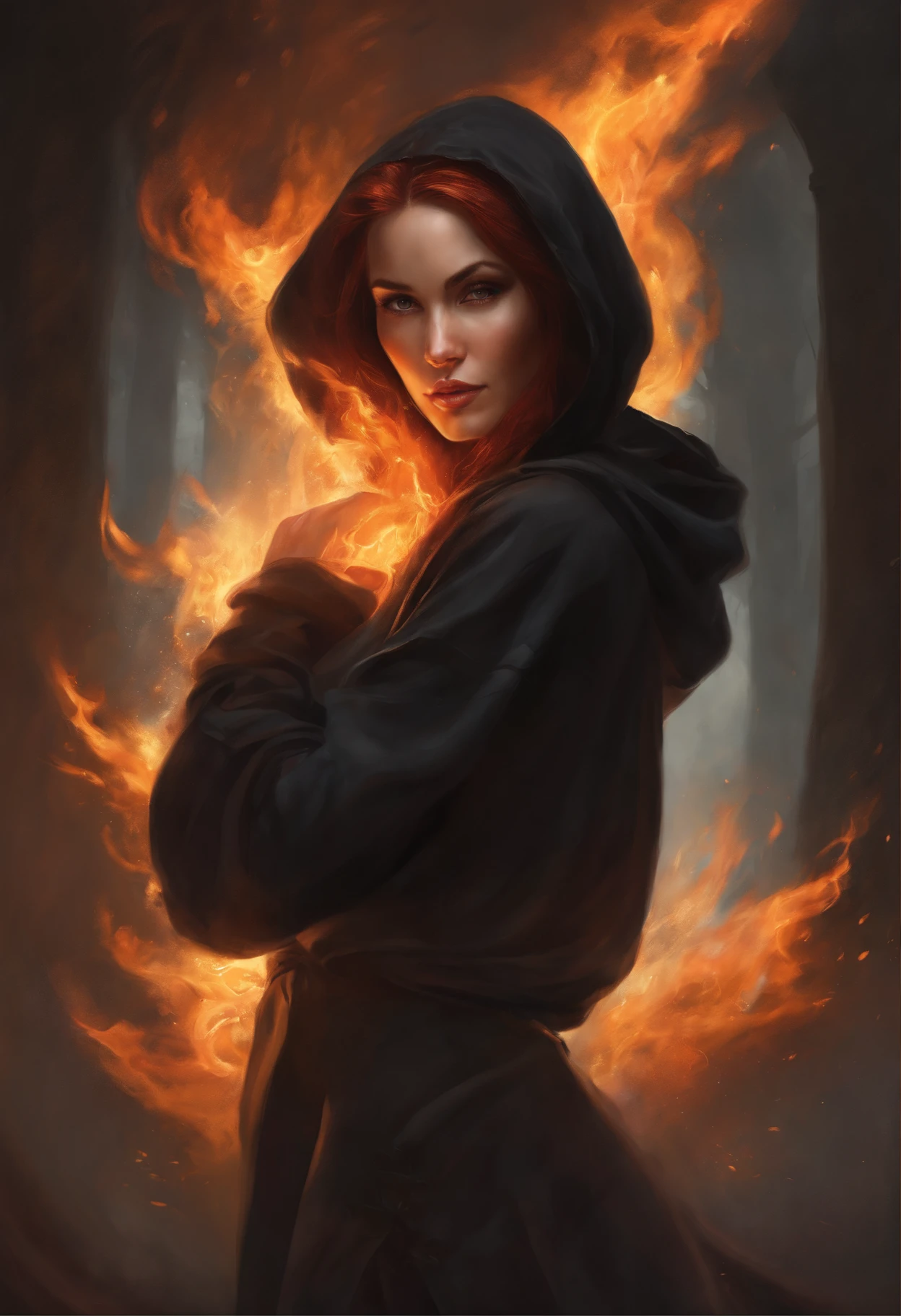 Photo of a woman with black hair and a hoodie., engulfed in flames, fire, scratch on face, beautiful character painting, black haired goddess, graphic artist magali villeneuve, alena aenami and artgerm, fantasy concept art portrait, female redhead templar, Artgerm Craig Mullins, charlie bowater character art, magali villeneuve', charlie bowater rich deep colors, gorgeous digital painting