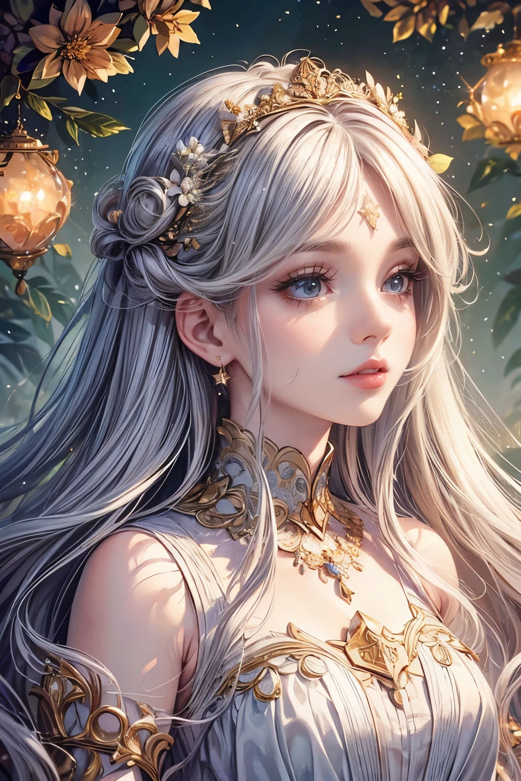 (best quality,8K,CG),detailed upper body,solitary girl,floral forest background,complex facial features,elegant long curly hair,almond-shaped big eyes,detailed eye makeup,long eyelashes,twinkling stars,exquisite lip details,soft and harmonious style.