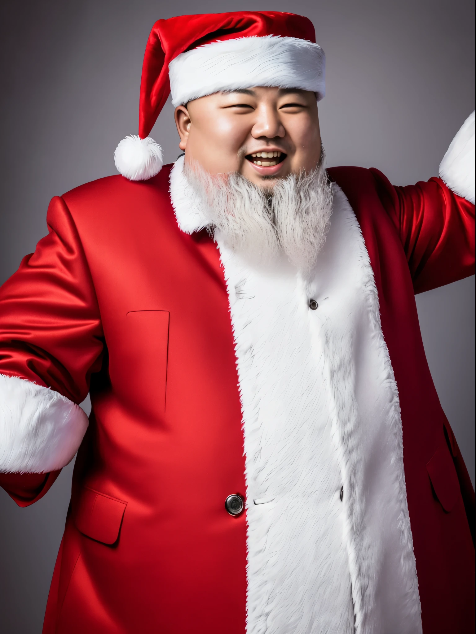 (best quality,highres),precident of North Korea,Kim Jong Un,standing with Santa Claus cap,santa claus photo,portrait,detailed eyes,detailed lipestive attire],[Christmas vibes],smiling,joyful expression,white beard,red and white colors,professional,studio lighting