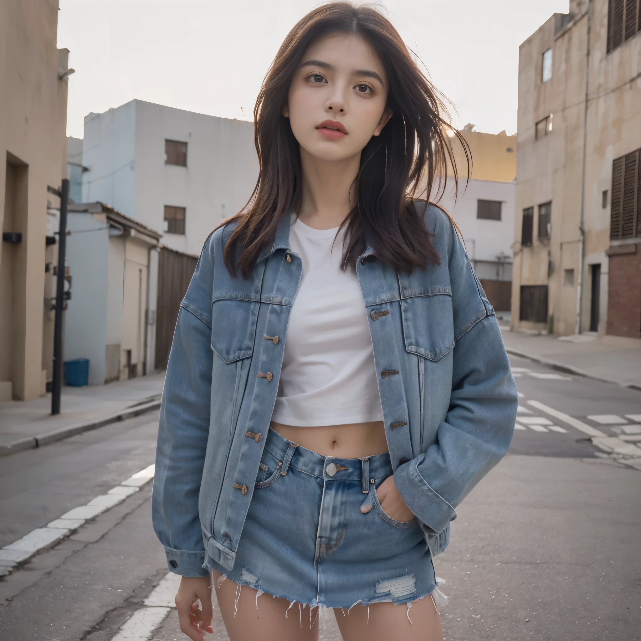 Obra maestra, La mejor calidad, ultra-high resolution, Foto de alto detalle, Unidad 8K Fondo de pantalla, CG extremadamente detallado:1.2),(Foto RAW:1.realistic photography:1.4), 1girll , joven, physically based representation, beautiful, (Cara finamente detallada:1.4, Ropa detallada), (Detallado:1.4) Cara hermosa, Profundidad de campo, Agregar capa, hiperrealista, 27 years old, Modelo de cuerpo perfecto, senos perfectos, 175cm de altura, pose sexy, cuerpo completo, Tipo de cuerpo del modelo, streetwear outfit, alley, Cabello largo, Eimi Fukada, doble parpado, night sky, gloomy light, wide shot