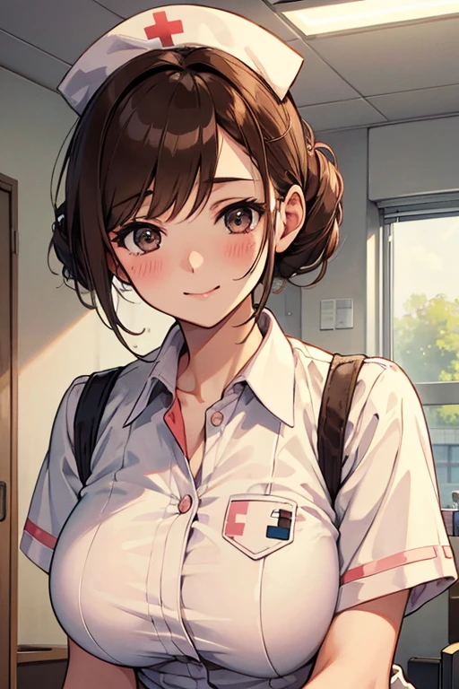 1 Lady Solo, Nurse, /(Nurse uniform/), /(Brown hair/) Hair UP, blush gentle smile, (masterpiece best quality:1.3) Ultra-detailed delicate illustrations, Big breasts Break /(Indoor Hospital/)
