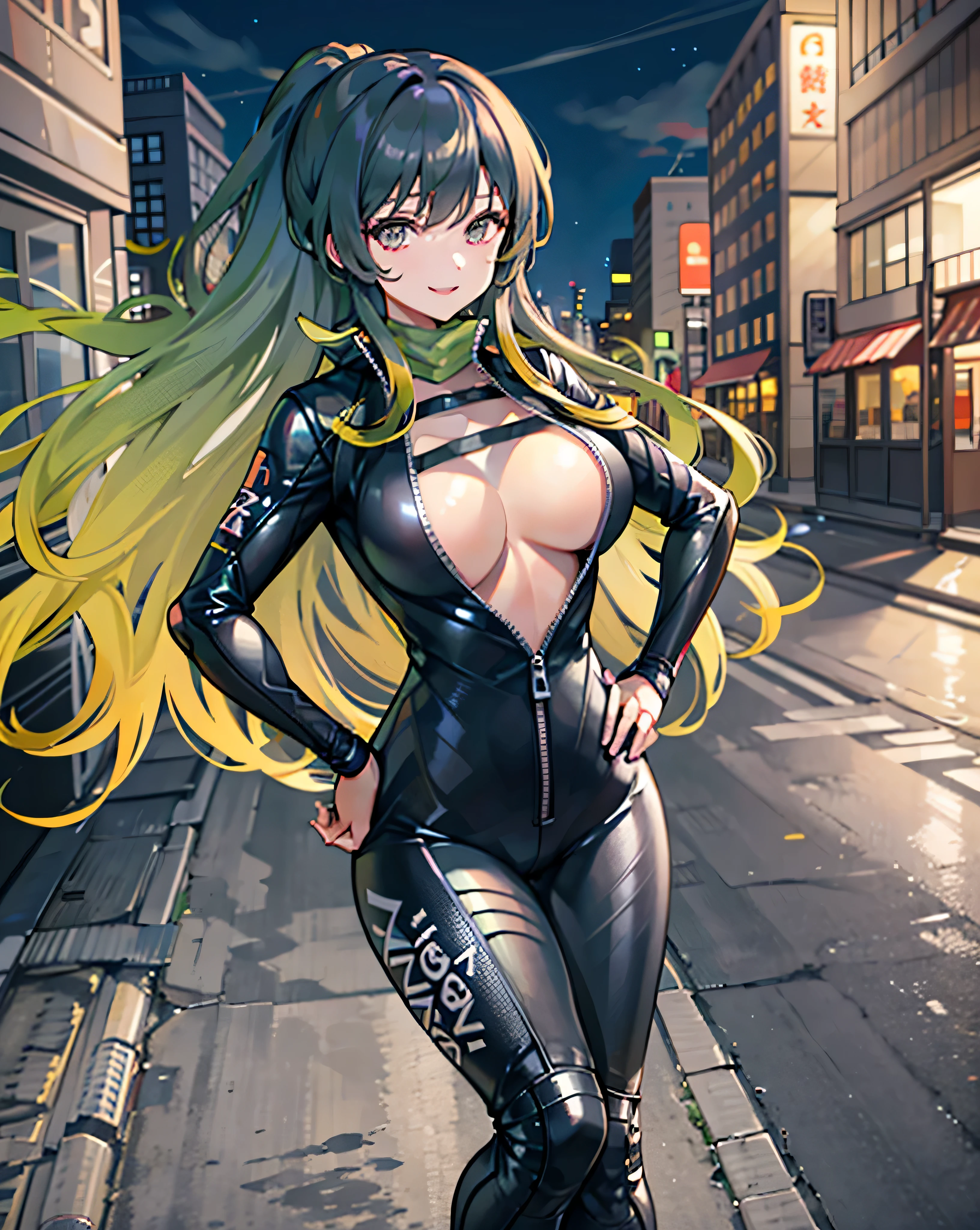 1girl, turbo byakuren,large breasts,  hand on hip, light smile, ((motorcycle)),outdoors,night,cityscape, neon lights,