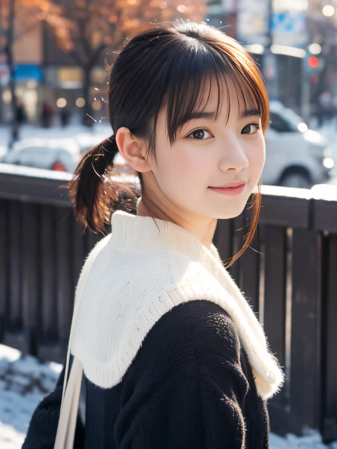Photorealsitic, 8k full-length portraits, Beautuful Women, A charming expression, poneyTail, 18year old, TOKYOcty, Winters, Shibuya in the background