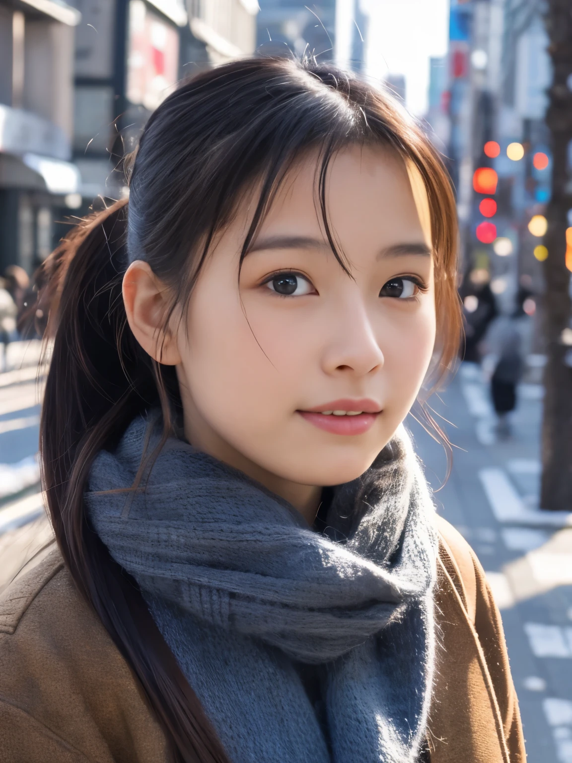Photorealsitic, 8k full-length portraits, Beautuful Women, A charming expression, poneyTail, 18year old, TOKYOcty, Winters, Shibuya in the background