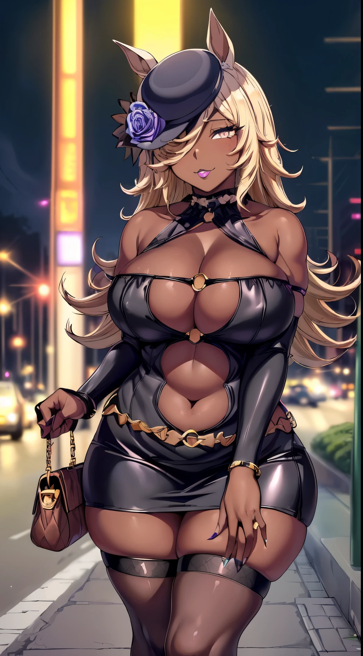 (Masterpiece, Best Quality, High Quality:1.4), (professional artwork, extremely detailed girl:1.0), 8k, detailed eyes, perfect face, 1girl, (voluptuous, mature female, plump, large lips:1.2), wide hips, thick thighs, cleavage, heavy makeup, top heavy, bursting breasts:1.4), (skindentation, long eyelashes, dark eyeshadow, close up, (black lipstick:1.2), smile, (blonde hair:1.2), (dark skin, dark-skinned female:1.2), r1cesh0wer, horse tail, horse girl, purple eyes, hair over one eye, hat flower, flaming eye,  bare shoulders, (bodycon:1.2), (microdress:1.2), miniskirt, o-rings, cameltoe, navel, on road, night city, crowd, (public:1.2), handbag, foreground,