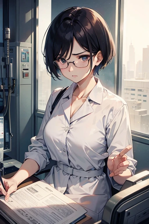 Beautiful Mature Woman、eye glass、short-haired、doctor、hospitals、Perfect style、Angry、feel sad
