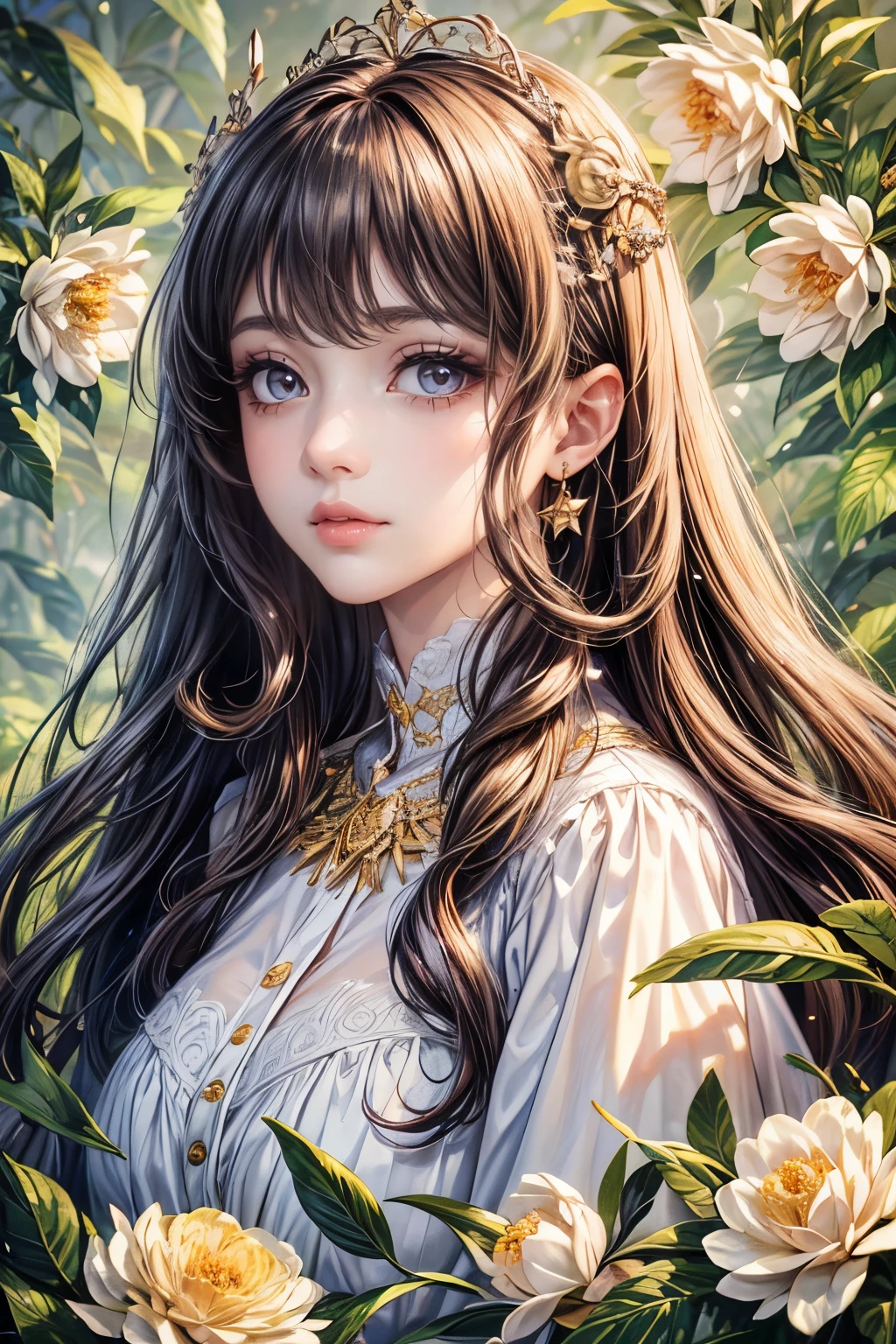 (best quality,8K,CG),detailed upper body,solitary girl,floral forest background,complex facial features,elegant long curly hair,almond-shaped big eyes,detailed eye makeup,long eyelashes,twinkling stars,exquisite lip details,soft and harmonious style.