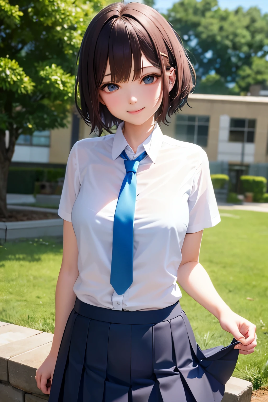 a young anime girl with an anime girl hair cut and blue eyes, 1girl, solo, necktie, shirt, skirt, smile, looking at viewer, blue eyes, hair ornament, brown hair, white shirt, outdoors, blue skirt, ((see-through)), short sleeves, collared shirt, school uniform, bra visible through clothes, hairclip, closed mouth, pleated skirt, underwear