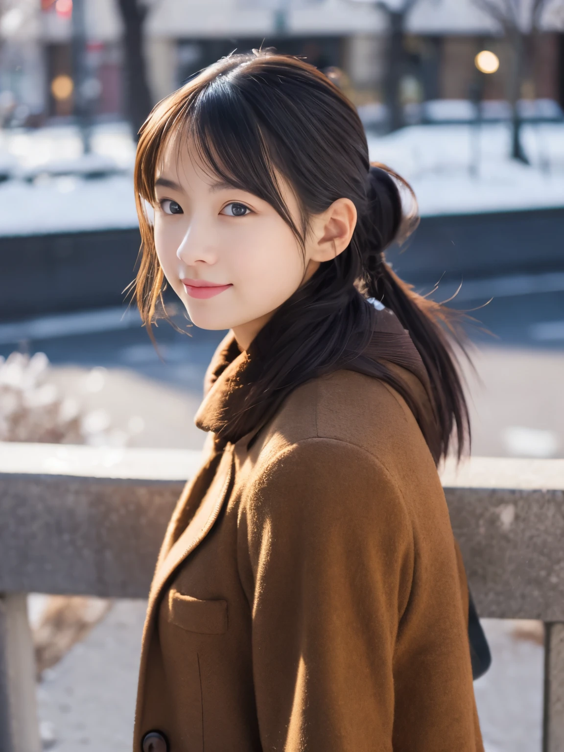 Photorealsitic, 8k full-length portraits, Beautuful Women, A charming expression, poneyTail, 18year old, TOKYOcty, Winters, Shibuya in the background