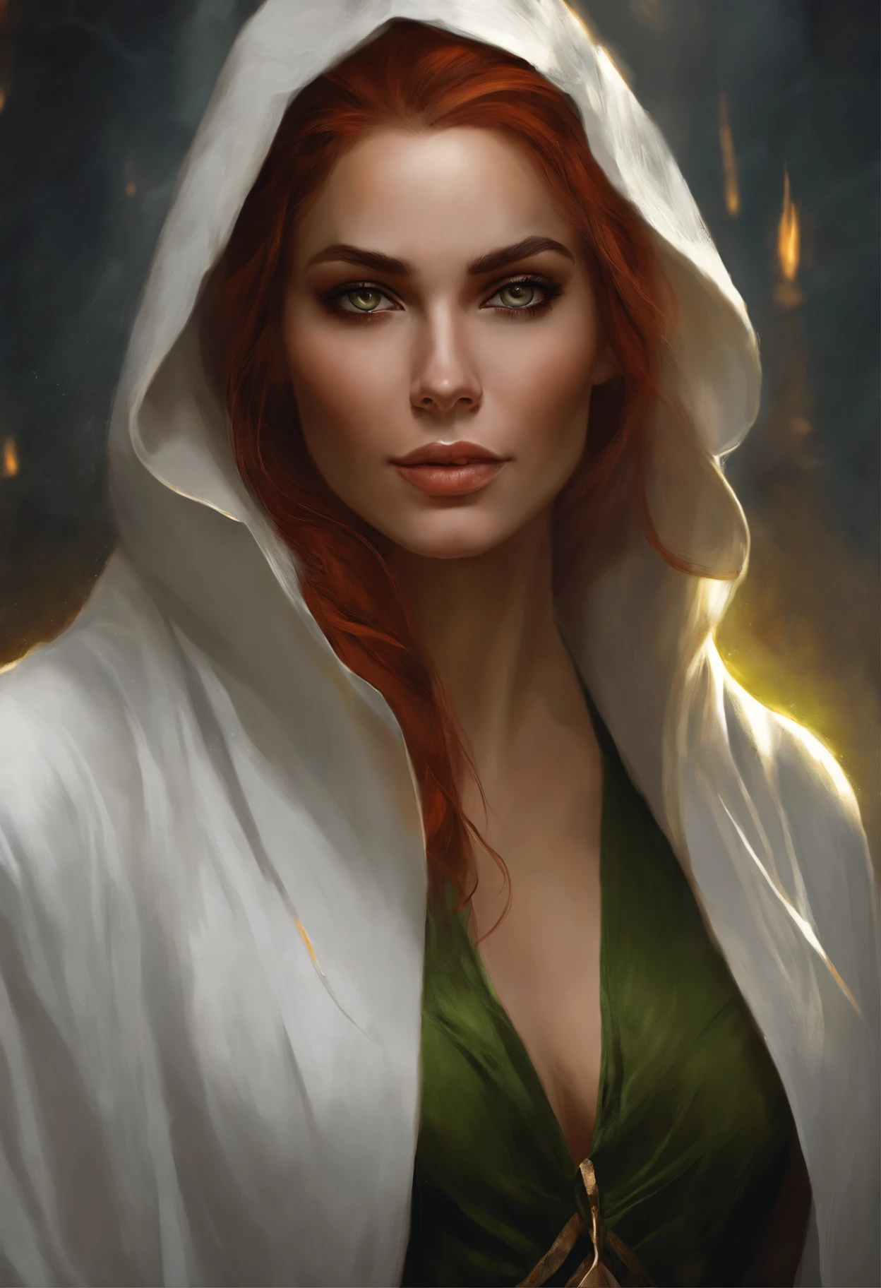 Photo of a woman with white hair, yellow-green eyes and a hoodie., fire, scratch on face, beautiful character painting, black haired goddess, graphic artist magali villeneuve, alena aenami and artgerm, fantasy concept art portrait, female redhead templar, Artgerm Craig Mullins, charlie bowater character art, magali villeneuve', charlie bowater rich deep colors, gorgeous digital painting