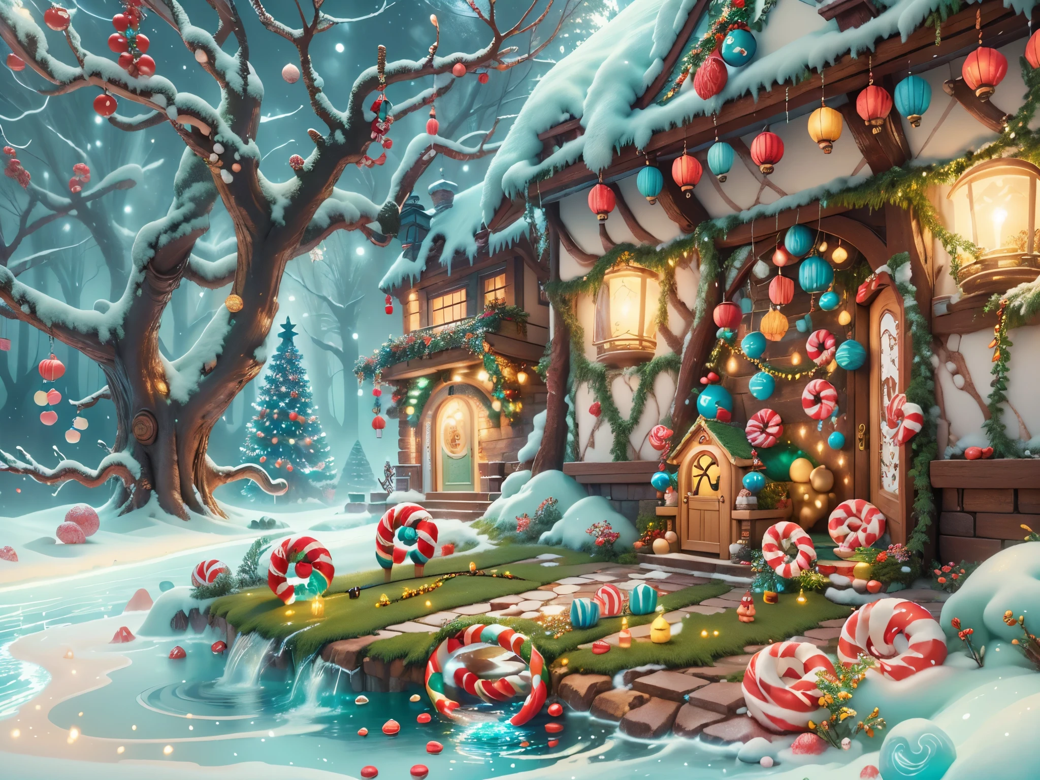 (tmasterpiece),（ultra - detailed:1.3），(Close-up: 1.8), Best quality，（棉花糖一样的白yuki:1.2），（Christmas courtyard in blue fairy tale:1.6），(蓝色门上圣诞decorationlower ring: 1.8),（suns），(((Delicious candies in front of the door，Christmas tree, gifts, Christmas stockings, cute gingerbread man，chocolate house splash))), Illustration style, decorations, Fantasy Christmas small courtyard, Lovely design style, yuki，rays of sunshine，vivd colour、 ((Whimsical and charming fantasy)), Surreal portrait, (Fantasy themed Christmas cabin), (Whimsical Christmas Accessories), (Colorful, Landscape full of candy), (enchanting, 神奇的Christmas tree), (A vibrant one, Candy-colored courtyard), (Candy Road), (blue candy door) in distance, (Like a mirror, 不对称tmasterpiece钟表配件), (Rich, fantasticcolors), (温暖的rays of sunshine), (four dimensional dream), (enchanting atmosphere), (Playful composition), (生动的rays of sunshine效果), 1.4x realism，hyper HD，Shown in this beautiful scene，(Very meticulous，Reasonable design，Clear lines，High- sharpness，tmasterpiece，offcial art，movie light effect，8K)