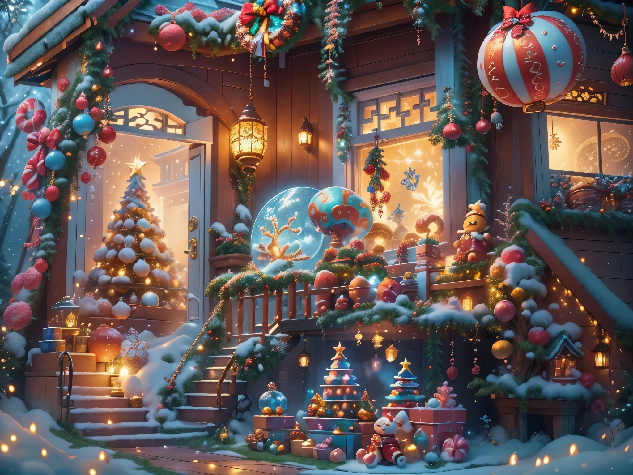 (tmasterpiece),（ultra - detailed:1.3），(Close-up: 1.8), Best quality，（棉花糖一样的白yuki:1.2），（Christmas courtyard in blue fairy tale:1.6），(蓝色门上圣诞decorationlower ring: 1.8),（suns），(((Delicious candies in front of the door，Christmas tree, gifts, Christmas stockings, cute gingerbread man，chocolate house splash))), Illustration style, decorations, Fantasy Christmas small courtyard, Lovely design style, yuki，rays of sunshine，vivd colour、 ((Whimsical and charming fantasy)), Surreal portrait, (Fantasy themed Christmas cabin), (Whimsical Christmas Accessories), (Colorful, Landscape full of candy), (enchanting, 神奇的Christmas tree), (A vibrant one, Candy-colored courtyard), (Candy Road), (blue candy door) in distance, (Like a mirror, 不对称tmasterpiece钟表配件), (Rich, fantasticcolors), (温暖的rays of sunshine), (four dimensional dream), (enchanting atmosphere), (Playful composition), (生动的rays of sunshine效果), 1.4x realism，hyper HD，Shown in this beautiful scene，(Very meticulous，Reasonable design，Clear lines，High- sharpness，tmasterpiece，offcial art，movie light effect，8K)