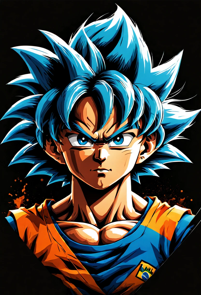 ((4k UHD high detail, 4k RAW studio photography)) big (sticker) of a Design a dynamic and vibrant (4K UHD high detail) logo art featuring a "mini ((Goku))" with blue hair. ((looking at the viewers)) ((vivid eyes)), ((Noir vibes)), complex background, stickers, More Detail, The outfit is inspired by Uniform of the (((soccer team Brazil))), incorporating iconic elements like the Brazilian flag colors or cultural symbols to enhance the theme. Render it in a dynamic (2D emblem style), perfect for a t-shirt print. Film grain sharp focus, style sigma 200mm f3.5