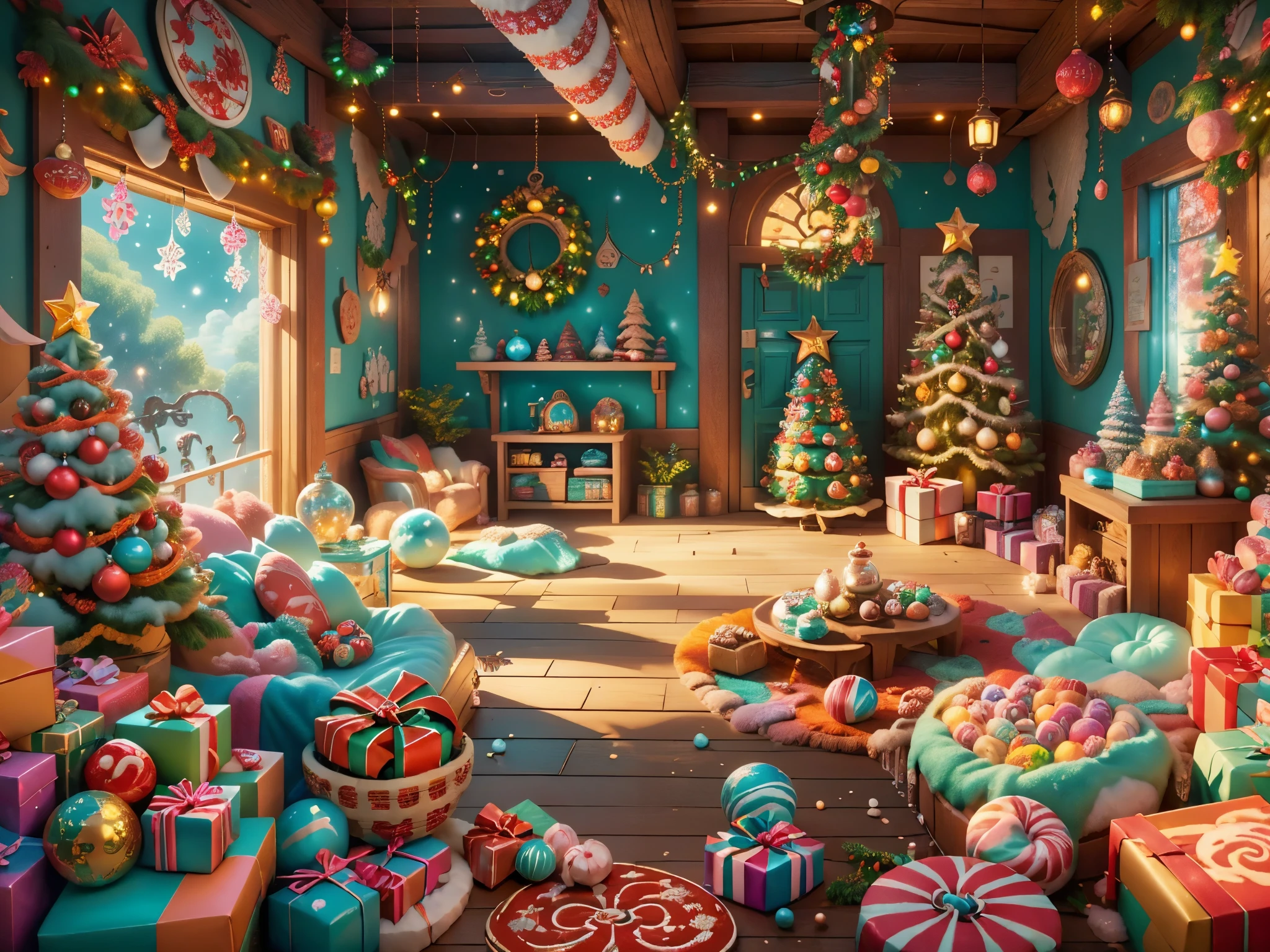 (tmasterpiece),（ultra - detailed:1.3），(Close-up: 1.8), Best quality，（棉花糖一样的白yuki:1.2），（Christmas courtyard in blue fairy tale:1.6），(蓝色门上圣诞decorationlower ring: 1.8),（suns），(((Delicious candies in front of the door，Christmas tree, gifts, Christmas stockings, cute gingerbread man，chocolate house splash))), Illustration style, decorations, Fantasy Christmas small courtyard, Lovely design style, yuki，rays of sunshine，vivd colour、 ((Whimsical and charming fantasy)), Surreal portrait, (Fantasy themed Christmas cabin), (Whimsical Christmas Accessories), (Colorful, Landscape full of candy), (enchanting, 神奇的Christmas tree), (A vibrant one, Candy-colored courtyard), (Candy Road), (blue candy door) in distance, (Like a mirror, 不对称tmasterpiece钟表配件), (Rich, fantasticcolors), (温暖的rays of sunshine), (four dimensional dream), (enchanting atmosphere), (Playful composition), (生动的rays of sunshine效果), 1.4x realism，hyper HD，Shown in this beautiful scene，(Very meticulous，Reasonable design，Clear lines，High- sharpness，tmasterpiece，offcial art，movie light effect，8K)