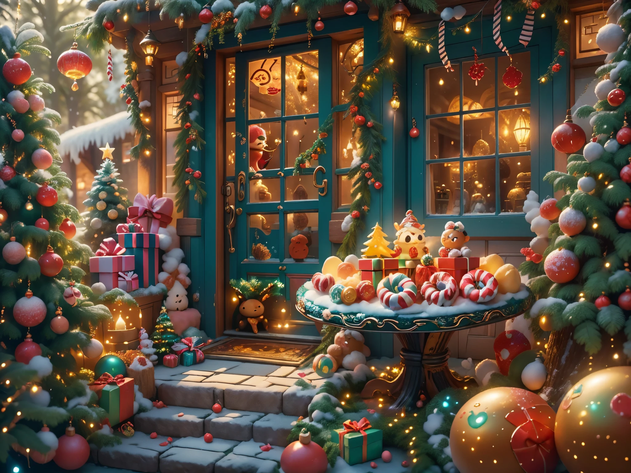 (tmasterpiece),（ultra - detailed:1.3），(Close-up: 1.8), Best quality，（棉花糖一样的白yuki:1.2），（Christmas courtyard in blue fairy tale:1.6），(蓝色门上圣诞decorationlower ring: 1.8),（suns），(((Delicious candies in front of the door，Christmas tree, gifts, Christmas stockings, cute gingerbread man，chocolate house splash))), Illustration style, decorations, Fantasy Christmas small courtyard, Lovely design style, yuki，rays of sunshine，vivd colour、 ((Whimsical and charming fantasy)), Surreal portrait, (Fantasy themed Christmas cabin), (Whimsical Christmas Accessories), (Colorful, Landscape full of candy), (enchanting, 神奇的Christmas tree), (A vibrant one, Candy-colored courtyard), (Candy Road), (blue candy door) in distance, (Like a mirror, 不对称tmasterpiece钟表配件), (Rich, fantasticcolors), (温暖的rays of sunshine), (four dimensional dream), (enchanting atmosphere), (Playful composition), (生动的rays of sunshine效果), 1.4x realism，hyper HD，Shown in this beautiful scene，(Very meticulous，Reasonable design，Clear lines，High- sharpness，tmasterpiece，offcial art，movie light effect，8K)