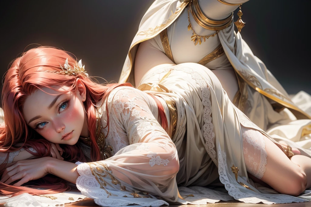{-erro_de_anatomia:1.0}(best quality,4k,8k,highres,masterpiece:1.2), ultra-detailed, (realistic,photorealistic,photo-realistic:1.37), mature milf, illyasviel von einzbern, redhead hair, full body, vibrant colors, glowing skin, mesmerizing eyes, elegant pose, enchanting background, delicate lace dress, surreal lighting, ethereal atmosphere, mystical aura, intricate details, artistic medium, digital illustration, fantasy, anime, laying  on the floor, backwards, looking back