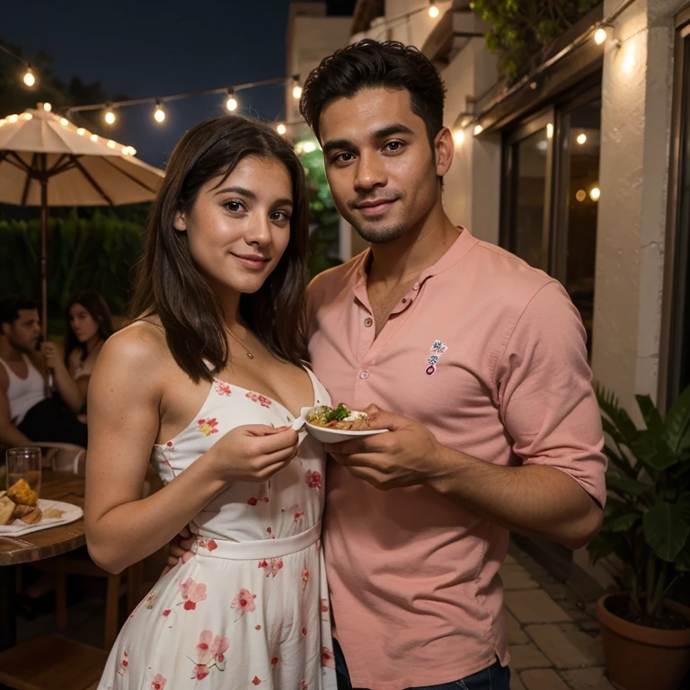 Muscular 35-year-old man having dinner with a 21-year-old girl, he likes, They are eating on an outdoor terrace, ella lleva un vestido muy coqueto color rojo con florecitas, el viste informal, el la besa, selfie de anciano y joven, They are at a Mexican party, fiesta de noche, bailando salsa, bailando en un antro