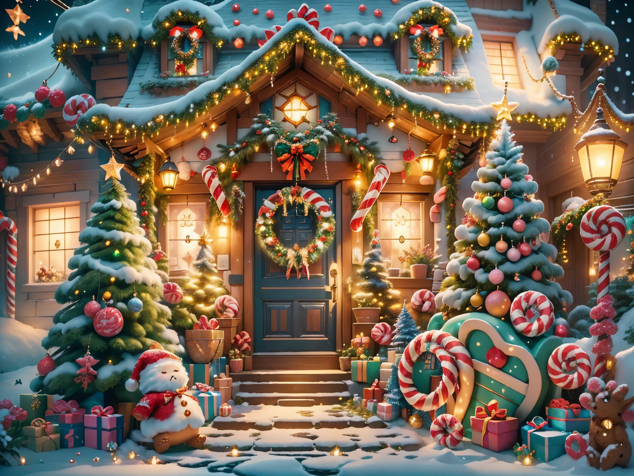 (tmasterpiece),(ultra - detailed:1.3),(Close-up: 1.8), Best quality,(棉花糖一样的白yuki:1.2),(Christmas courtyard in blue fairy tale:1.6),(蓝色门上圣诞decorationlower ring: 1.8),(suns),(((Delicious candies in front of the door,Christmas tree, gifts, Christmas stockings, cute gingerbread man,chocolate house splash))), Illustration style, decorations, Fantasy Christmas small courtyard, Lovely design style, yuki,rays of sunshine,vivd colour、 ((Whimsical and charming fantasy)), Surreal portrait, (Fantasy themed Christmas cabin), (Whimsical Christmas Accessories), (Colorful, Landscape full of candy), (enchanting, 神奇的Christmas tree), (A vibrant one, Candy-colored courtyard), (Candy Road), (blue candy door) in distance, (Like a mirror, 不对称tmasterpiece钟表配件), (Rich, fantasticcolors), (温暖的rays of sunshine), (four dimensional dream), (enchanting atmosphere), (Playful composition), (生动的rays of sunshine效果), 1.4x realism,hyper HD,Shown in this beautiful scene,(Very meticulous,Reasonable design,Clear lines,High- sharpness,tmasterpiece,offcial art,movie light effect,8K)