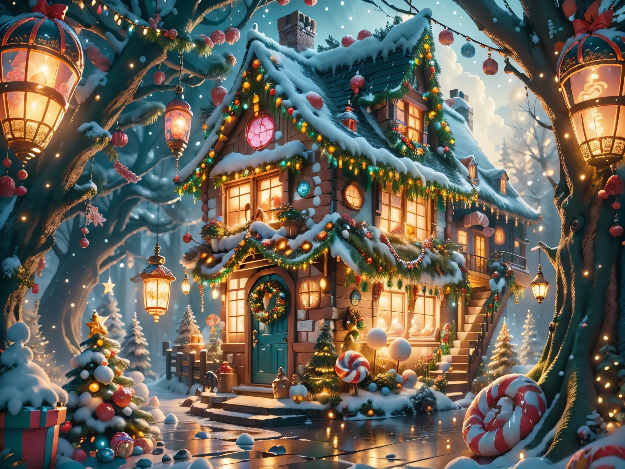 (tmasterpiece),（ultra - detailed:1.3），(Close-up: 1.8), Best quality，（棉花糖一样的白yuki:1.2），（Christmas courtyard in blue fairy tale:1.6），(蓝色门上圣诞decorationlower ring: 1.8),（suns），(((Delicious candies in front of the door，Christmas tree, gifts, Christmas stockings, cute gingerbread man，chocolate house splash))), Illustration style, decorations, Fantasy Christmas small courtyard, Lovely design style, yuki，rays of sunshine，vivd colour、 ((Whimsical and charming fantasy)), Surreal portrait, (Fantasy themed Christmas cabin), (Whimsical Christmas Accessories), (Colorful, Landscape full of candy), (enchanting, 神奇的Christmas tree), (A vibrant one, Candy-colored courtyard), (Candy Road), (blue candy door) in distance, (Like a mirror, 不对称tmasterpiece钟表配件), (Rich, fantasticcolors), (温暖的rays of sunshine), (four dimensional dream), (enchanting atmosphere), (Playful composition), (生动的rays of sunshine效果), 1.4x realism，hyper HD，Shown in this beautiful scene，(Very meticulous，Reasonable design，Clear lines，High- sharpness，tmasterpiece，offcial art，movie light effect，8K)