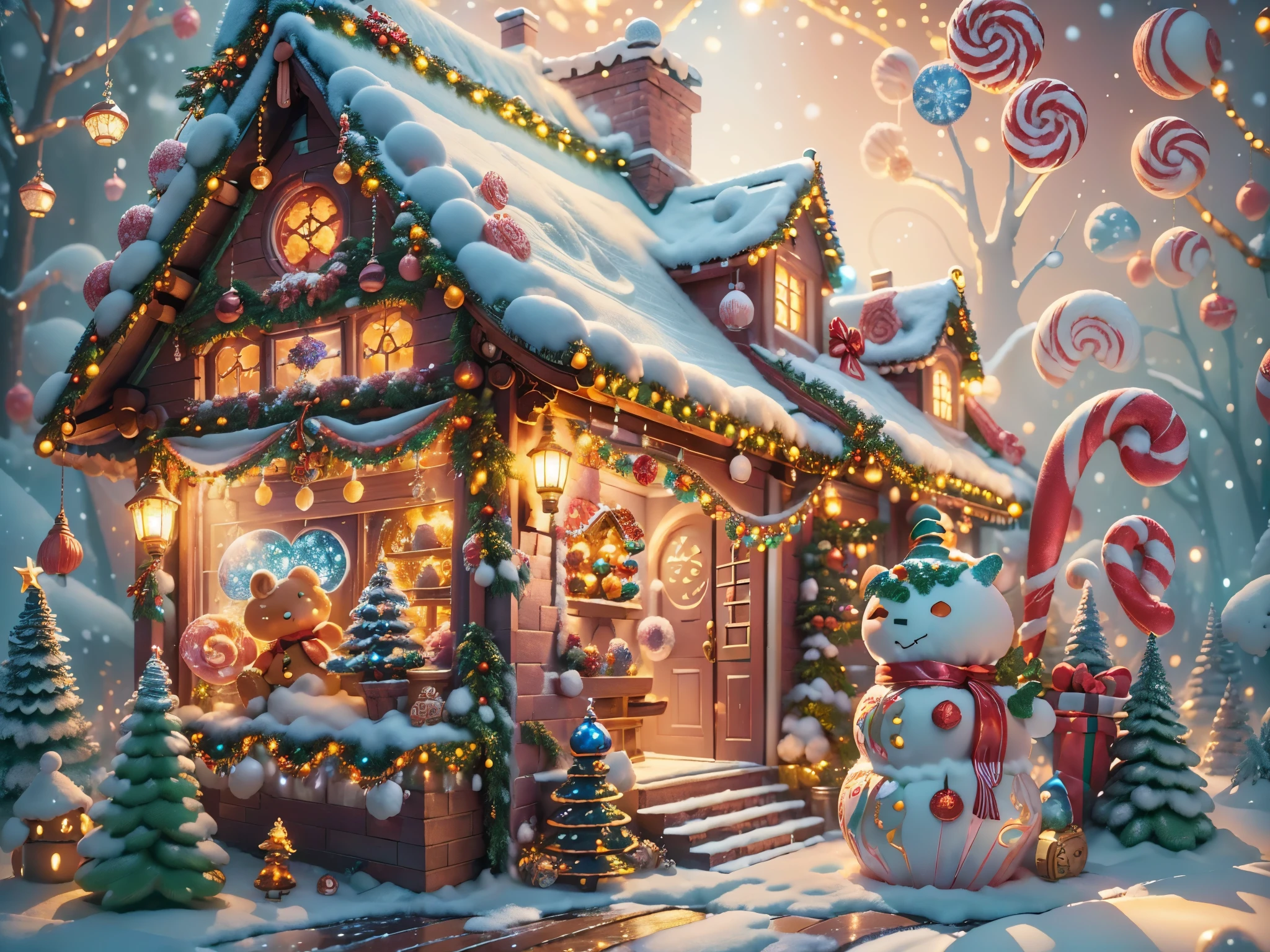 (tmasterpiece),（ultra - detailed:1.3），(Close-up: 1.8), Best quality，（棉花糖一样的白yuki:1.2），（Christmas courtyard in blue fairy tale:1.6），(蓝色门上圣诞decorationlower ring: 1.8),（suns），(((Delicious candies in front of the door，Christmas tree, gifts, Christmas stockings, cute gingerbread man，chocolate house splash))), Illustration style, decorations, Fantasy Christmas small courtyard, Lovely design style, yuki，rays of sunshine，vivd colour、 ((Whimsical and charming fantasy)), Surreal portrait, (Fantasy themed Christmas cabin), (Whimsical Christmas Accessories), (Colorful, Landscape full of candy), (enchanting, 神奇的Christmas tree), (A vibrant one, Candy-colored courtyard), (Candy Road), (blue candy door) in distance, (Like a mirror, 不对称tmasterpiece钟表配件), (Rich, fantasticcolors), (温暖的rays of sunshine), (four dimensional dream), (enchanting atmosphere), (Playful composition), (生动的rays of sunshine效果), 1.4x realism，hyper HD，Shown in this beautiful scene，(Very meticulous，Reasonable design，Clear lines，High- sharpness，tmasterpiece，offcial art，movie light effect，8K)