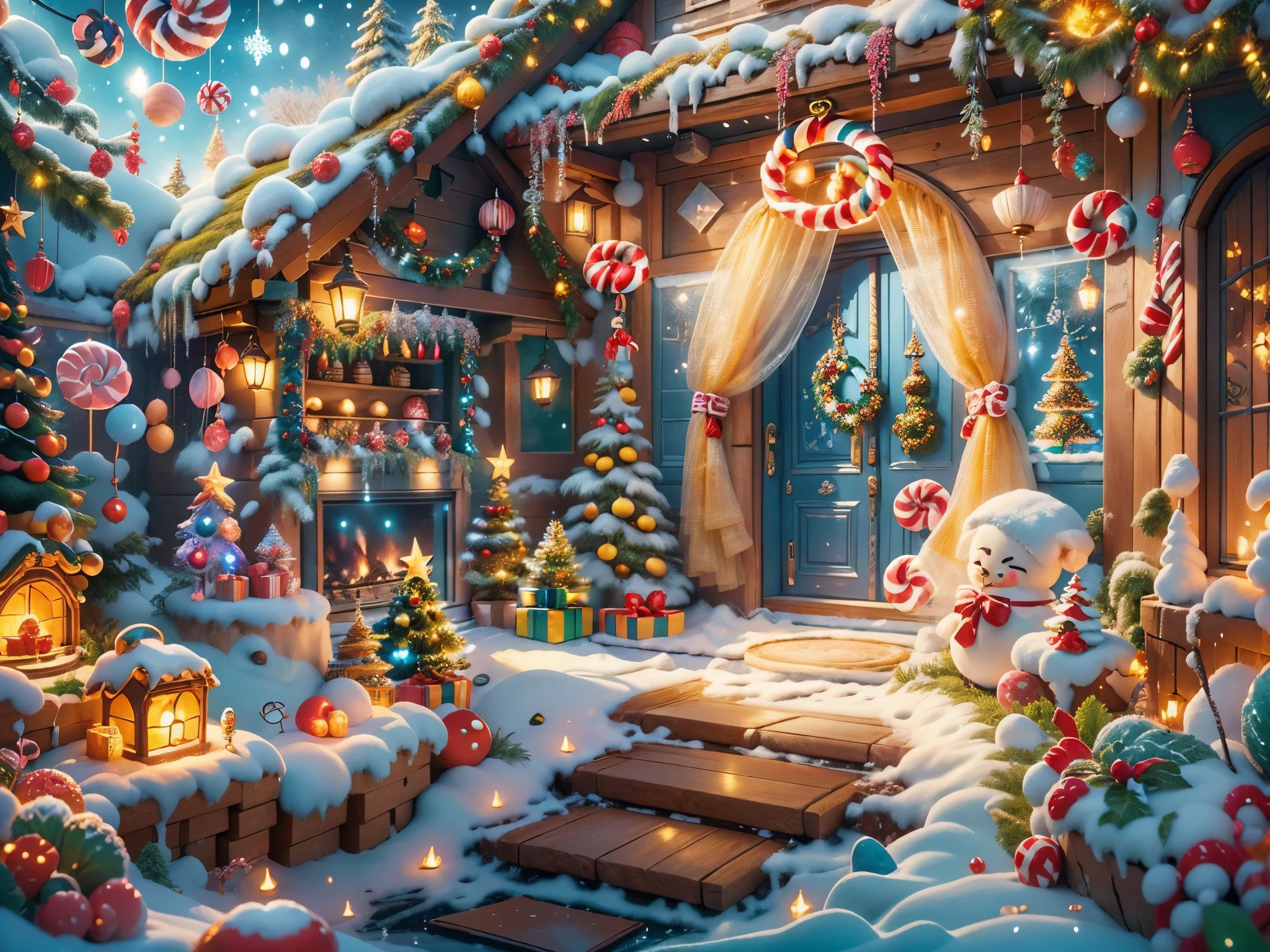 (tmasterpiece),（ultra - detailed:1.3），(Close-up: 1.8), Best quality，（棉花糖一样的白yuki:1.2），（Christmas courtyard in blue fairy tale:1.6），(蓝色门上圣诞decorationlower ring: 1.8),（suns），(((Delicious candies in front of the door，Christmas tree, gifts, Christmas stockings, cute gingerbread man，chocolate house splash))), Illustration style, decorations, Fantasy Christmas small courtyard, Lovely design style, yuki，rays of sunshine，vivd colour、 ((Whimsical and charming fantasy)), Surreal portrait, (Fantasy themed Christmas cabin), (Whimsical Christmas Accessories), (Colorful, Landscape full of candy), (enchanting, 神奇的Christmas tree), (A vibrant one, Candy-colored courtyard), (Candy Road), (blue candy door) in distance, (Like a mirror, 不对称tmasterpiece钟表配件), (Rich, fantasticcolors), (温暖的rays of sunshine), (four dimensional dream), (enchanting atmosphere), (Playful composition), (生动的rays of sunshine效果), 1.4x realism，hyper HD，Shown in this beautiful scene，(Very meticulous，Reasonable design，Clear lines，High- sharpness，tmasterpiece，offcial art，movie light effect，8K)