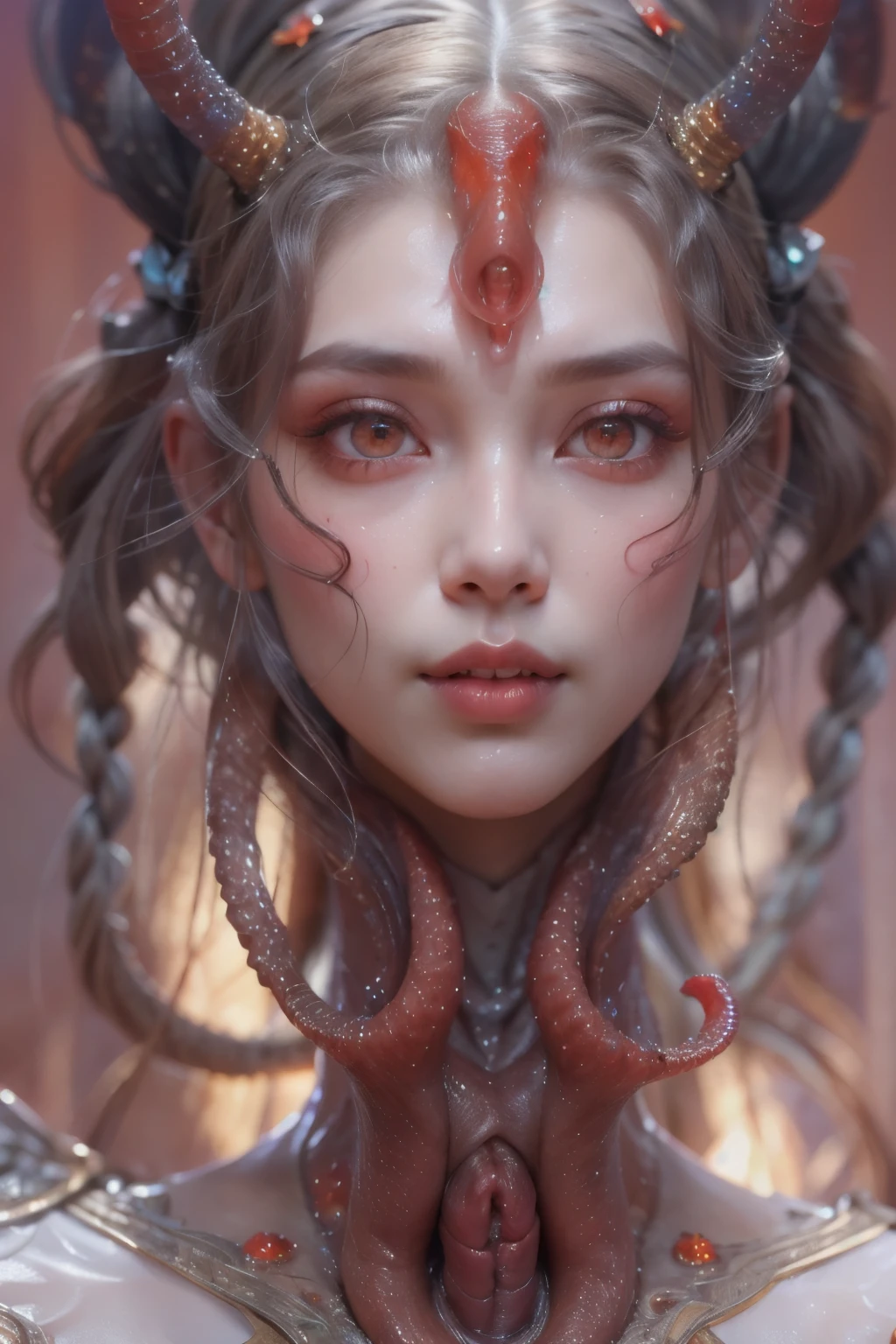 Portrait, (beautiful female alien:1.2),  (There is a female genital-like organ in the middle of the forehead:1.8), (The most beautiful face in the history of the universe:1.2), (scarlet eyes:1.6), (Translucent skin:1.8), an evil gaze that seduces , (red eyes:1.5), Full body like, (sexypose:1.5), alien, No humans, cells are fused, (Lots of translucent tentacles:1.1) (Translucent skin:1.3), extraterrestrial, cell, bio image, 魅惑的, Best Quality, 8K,4K_quality, high definition, Dramatic Lighting, masutepiece:1.5,cinematic quality, detail up, (Intricate details:1.2), high resolution, High Definition, drawing faithfully, (Thick eyebrows:1.2), Beautiful eyes with fine symmetry, (Ultra detailed eyes:1.2),(Highly detailed face and eyes:1.2), (High-resolution red-eye:1.4), Intimate face, (Super detailed skin quality feeling:1.4), Perfect Anatomy,  (Beautiful toned body:1.5),  (Moist skin:1.2), No makeup, (dark circles:1.1), long canines, cinematic drawing of characters, ultra high quality model, cinematic quality, detail up, (Intricate details:1.2), high resolution, High Definition, drawing faithfully, Official art, Unity 8K wall  , 8K Portrait, Best Quality, Very high resolution, ultra detailed artistic photography, midnight aura,  unreal engine 5, Ultra Sharp Focus, art by alberto seveso, ArtGerm, Roisch, intricate artwork, Medusa, best quality, masterpiece, ultra high resolution, (photos realistic：1.4), Ultra-realistic realism, dream-like,  nautilus, Creation of fantasy, Snail, Dream Snail,  biopunk nautilus, thrilling color schemes， Ultra-realistic realism， seductively smiling