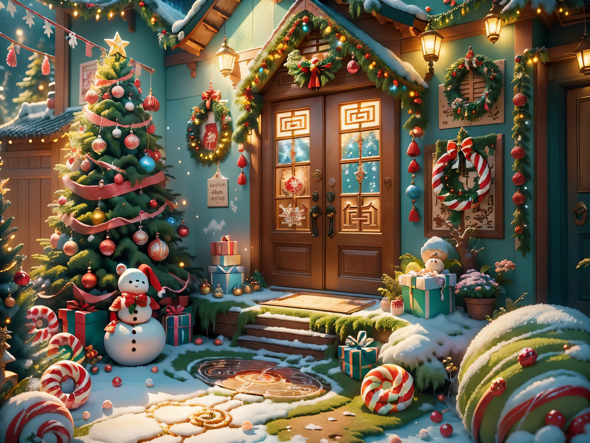 (tmasterpiece),（ultra - detailed:1.3），(Close-up: 1.8), Best quality，（棉花糖一样的白yuki:1.2），（Christmas courtyard in blue fairy tale:1.6），(蓝色门上圣诞decorationlower ring: 1.8),（suns），(((Delicious candies in front of the door，Christmas tree, gifts, Christmas stockings, cute gingerbread man，chocolate house splash))), Illustration style, decorations, Fantasy Christmas small courtyard, Lovely design style, yuki，rays of sunshine，vivd colour、 ((Whimsical and charming fantasy)), Surreal portrait, (Fantasy themed Christmas cabin), (Whimsical Christmas Accessories), (Colorful, Landscape full of candy), (enchanting, 神奇的Christmas tree), (A vibrant one, Candy-colored courtyard), (Candy Road), (blue candy door) in distance, (Like a mirror, 不对称tmasterpiece钟表配件), (Rich, fantasticcolors), (温暖的rays of sunshine), (four dimensional dream), (enchanting atmosphere), (Playful composition), (生动的rays of sunshine效果), 1.4x realism，hyper HD，Shown in this beautiful scene，(Very meticulous，Reasonable design，Clear lines，High- sharpness，tmasterpiece，offcial art，movie light effect，8K)