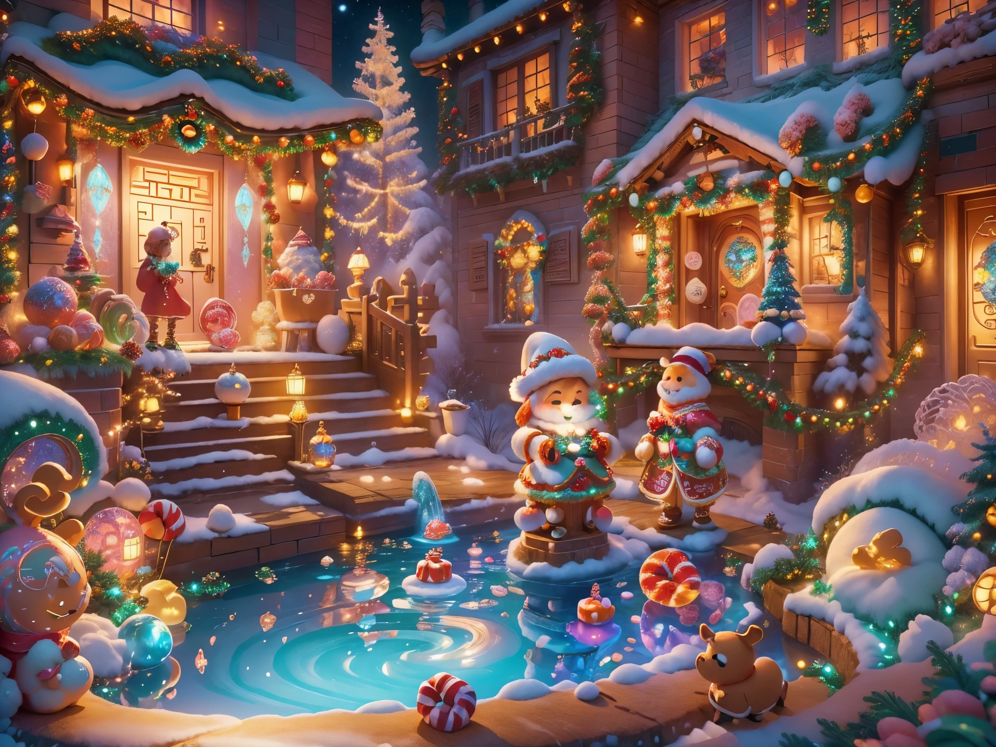 (tmasterpiece),（ultra - detailed:1.3），(Close-up: 1.8), Best quality，（棉花糖一样的白yuki:1.2），（Christmas courtyard in blue fairy tale:1.6），(蓝色门上圣诞decorationlower ring: 1.8),（suns），(((Delicious candies in front of the door，Christmas tree, gifts, Christmas stockings, cute gingerbread man，chocolate house splash))), Illustration style, decorations, Fantasy Christmas small courtyard, Lovely design style, yuki，rays of sunshine，vivd colour、 ((Whimsical and charming fantasy)), Surreal portrait, (Fantasy themed Christmas cabin), (Whimsical Christmas Accessories), (Colorful, Landscape full of candy), (enchanting, 神奇的Christmas tree), (A vibrant one, Candy-colored courtyard), (Candy Road), (blue candy door) in distance, (Like a mirror, 不对称tmasterpiece钟表配件), (Rich, fantasticcolors), (温暖的rays of sunshine), (four dimensional dream), (enchanting atmosphere), (Playful composition), (生动的rays of sunshine效果), 1.4x realism，hyper HD，Shown in this beautiful scene，(Very meticulous，Reasonable design，Clear lines，High- sharpness，tmasterpiece，offcial art，movie light effect，8K)