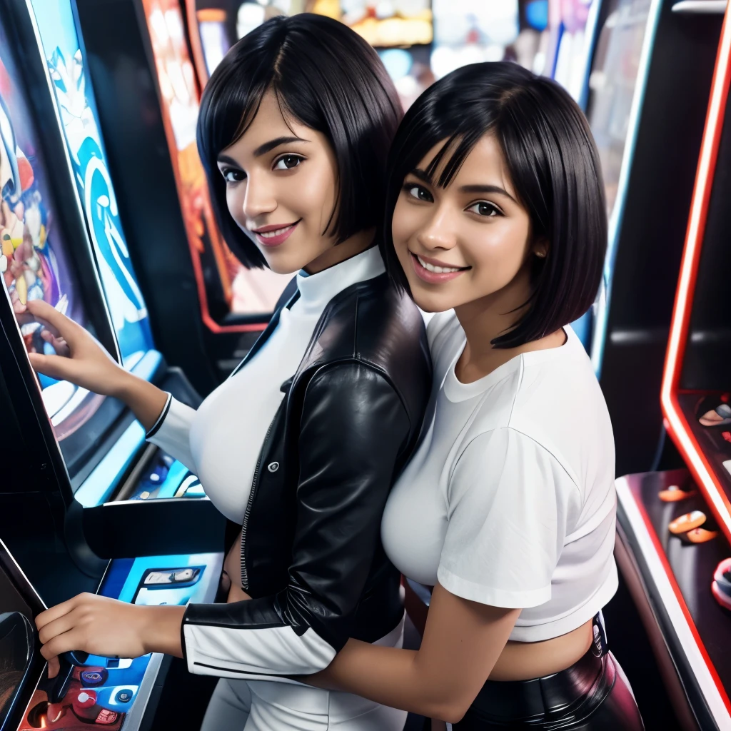 Isabela Merced and friend playing an arcade, tight white shirt, black leather pants, smiling, big breasts, bob cut hair, playing an arcade, (skin texture:1.1), (high detail face:1.1), high detail body, high detail clotheasterpiece), (realistic), ultra high definition