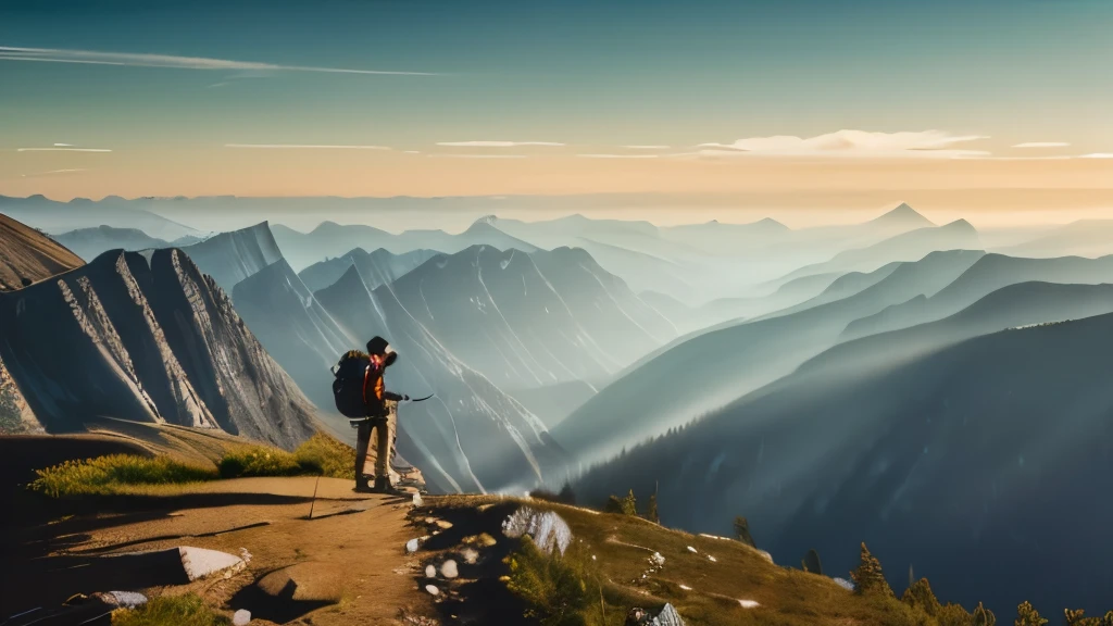 (best quality,realistic,highres:1.2),an man, climbing mountain, majestic landscape, mountain peak,hiking gear, steep cliffs,wilderness,nature's splendor,crisp mountain air, endurance and strength,