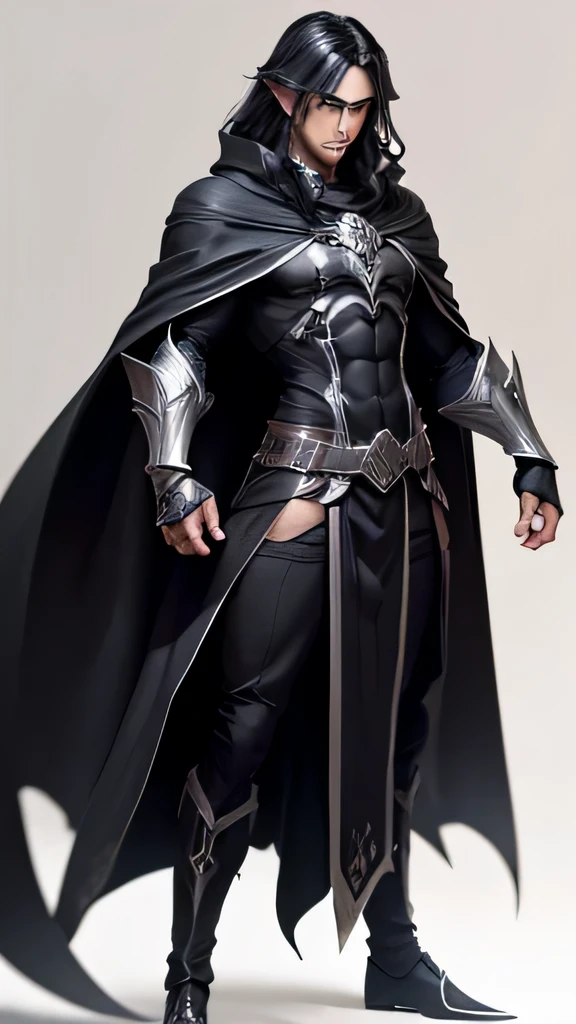 dark elf, male, giga chad, wearing a cloth black and silver tunic, black cloak full body, black long hair.