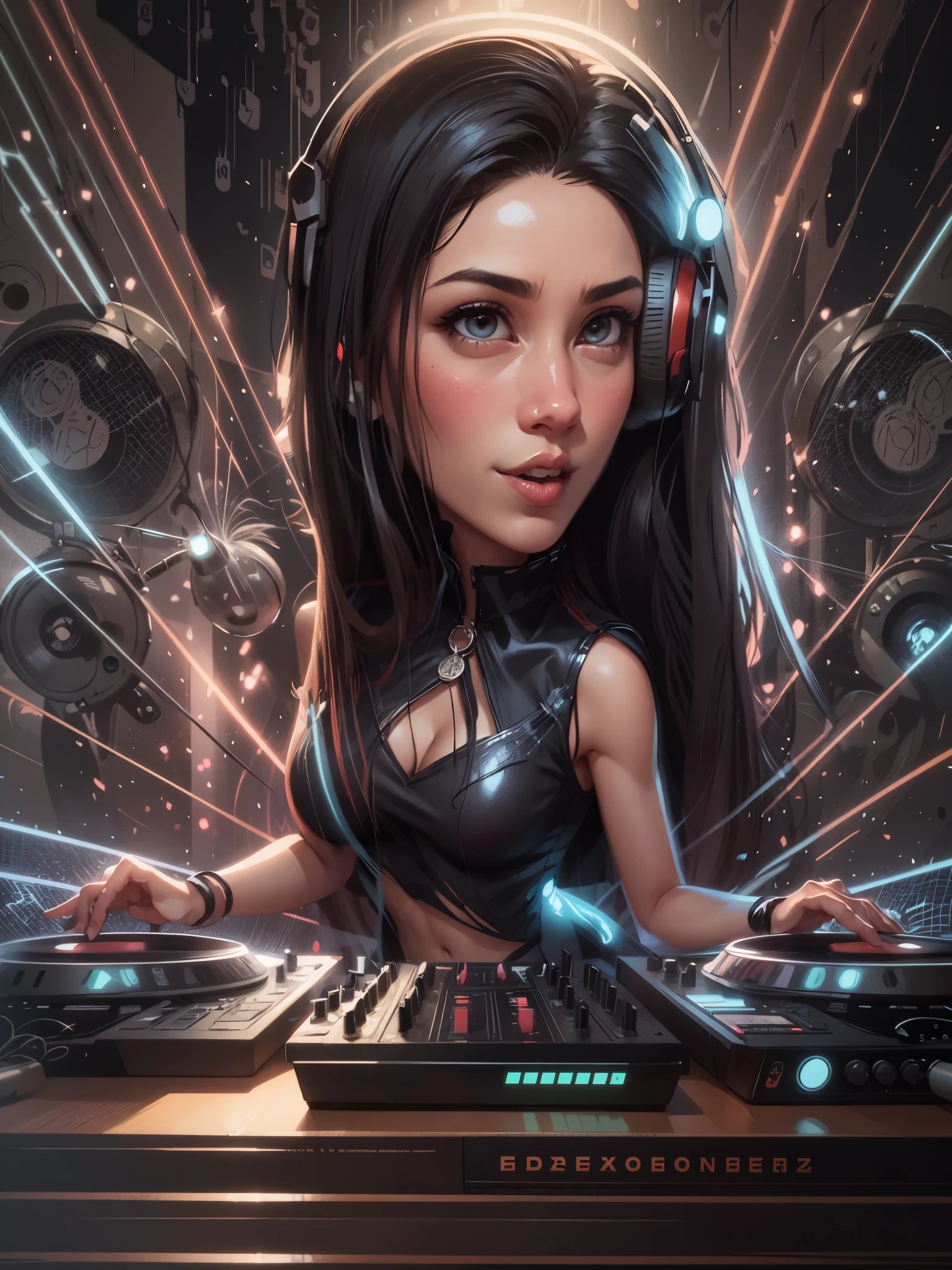 a cartoon girl dj playing music in a nightclub, beautiful black haired woman, Chest and stomach covered, background artwork, glowwave girl portrait, cartoon digital painting, fanart, stylized digital illustration, digital cartoon painting art, cartoon artstyle, cartoon digital art, jen bartel, digital art cartoon, alice x. zhang, dj sura, stylized digital art, official artwork, by Eddie Mendoza