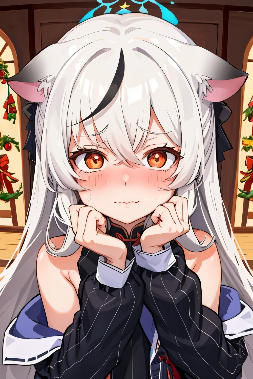 1girl, kokona, indoors, orange eyes, white hair, :3 mouth, embarrassed, beautiful eyes, beautiful lips, shiny lips, extremely detailed eyes and face, long eyelashes, close-up, warm lighting, vibrant colors, looking at the viewer, embarrassed look, blush, Christmas outfit, Christmas atmosphere