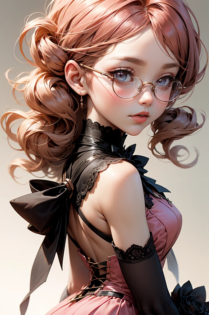 Anime girl tuxedo with curly rose gold hair and round gold glasses, rose gold eyes. Guviz style art, attractive detailed art style, Charlie Bowater Style, 1 7 - year - old cute anime girl, detailed manga style, detailed anime character art, germ of art. High detail, stunning manga art style. Rose dress. (pink dress) . Wearing rose gold Victorian clothing. backwards, looking back