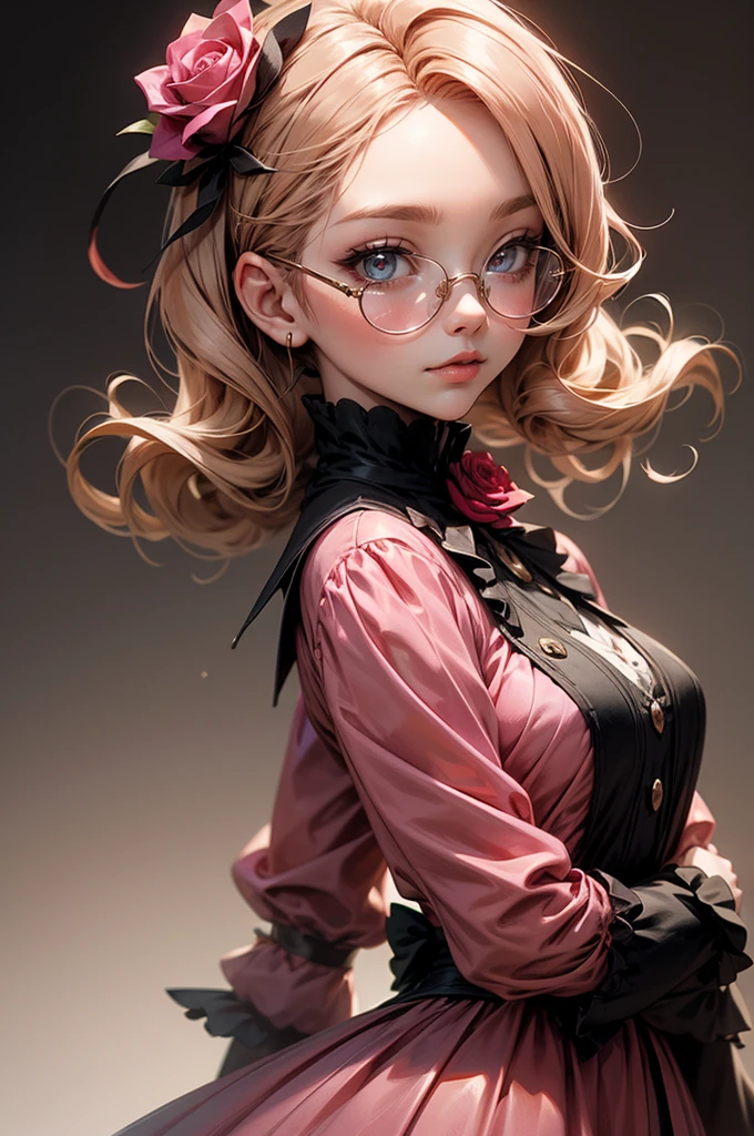 Anime girl tuxedo with curly rose gold hair and round gold glasses, rose gold eyes. Guviz style art, attractive detailed art style, Charlie Bowater Style, 1 7 - year - old cute anime girl, detailed manga style, detailed anime character art, germ of art. High detail, stunning manga art style. Rose dress. (pink dress) . Wearing rose gold Victorian clothing. backwards, looking back