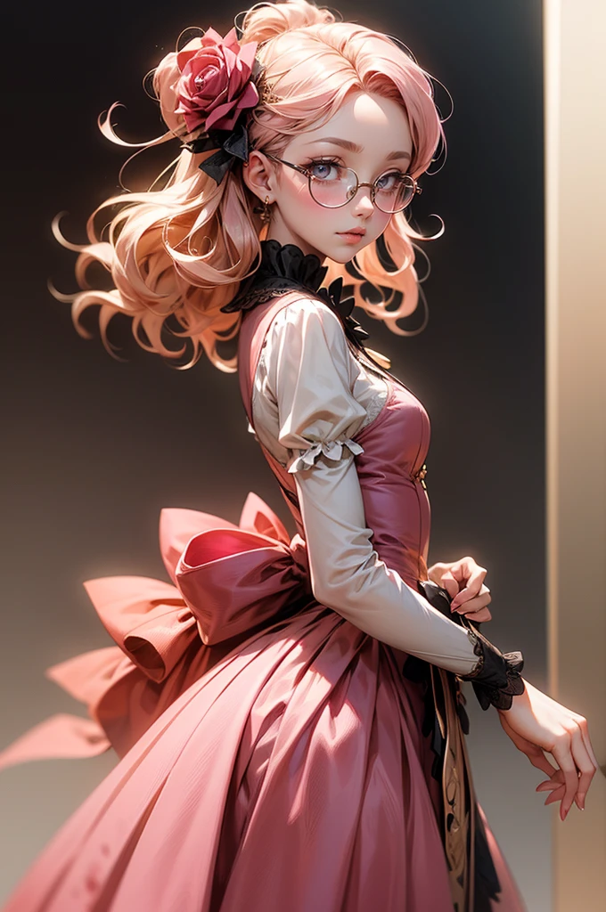 Anime girl tuxedo with curly rose gold hair and round gold glasses, rose gold eyes. Guviz style art, attractive detailed art style, Charlie Bowater Style, 1 7 - year - old cute anime girl, detailed manga style, detailed anime character art, germ of art. High detail, stunning manga art style. Rose dress. (pink dress) . Wearing rose gold Victorian clothing. backwards, looking back