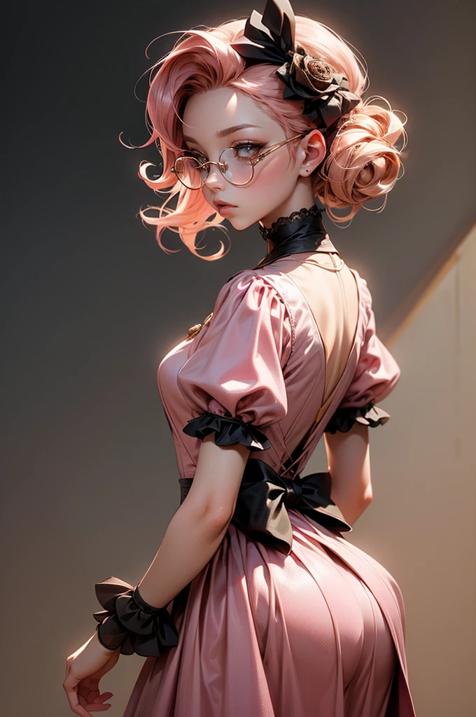 Anime girl tuxedo with curly rose gold hair and round gold glasses, rose gold eyes. Guviz style art, attractive detailed art style, Charlie Bowater Style, 1 7 -  - old e anime girl, detailed manga style, detailed anime character art, germ of art. High detail, stunning manga art style. Rose dress. (pink dress) . Wearing rose gold Victorian clothing. backwards, looking back