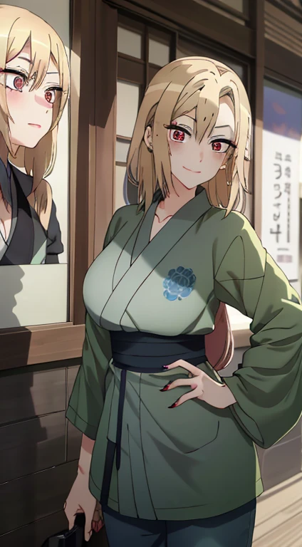 Tsunade Senju, Hermoso, obra maestra, extremadamente detallado, mejor calidad, the best lighting, Mejor sombra, Cara perfecta, ojos marrones brillantes, Marca azul en la frente, Wear a gray kimono with a red belt and a green jacket, 1 girl, senos grandes, grande, leaning forward looking at the viewer, En Konoha,